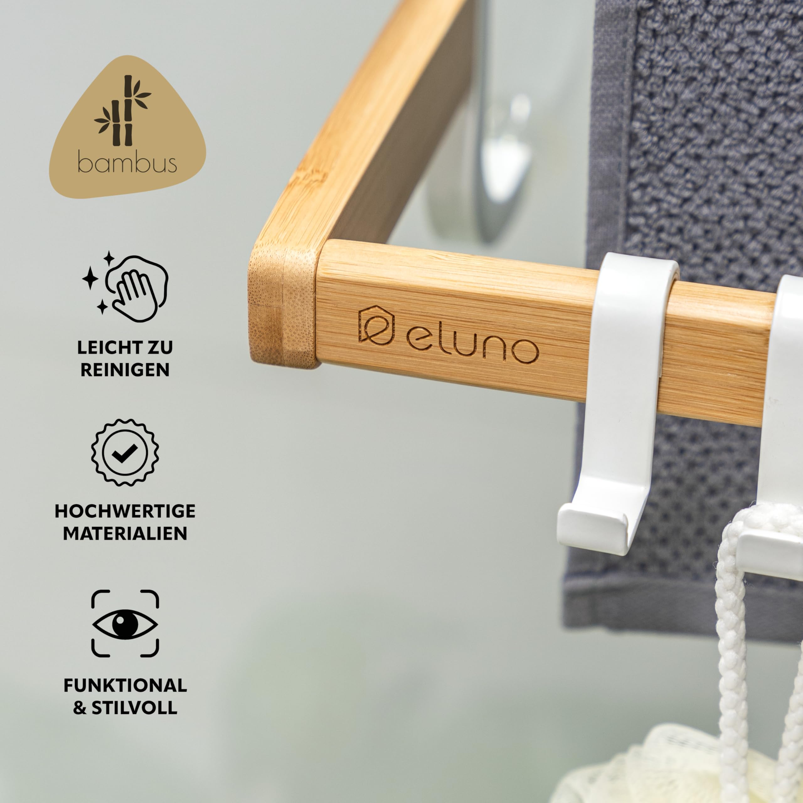 eluno Handtuchhalter für die Glasduschwand aus Metall und Bambus, Handtuchhalter mit 3 Handtuchstangen, 4 praktischen Haken, zum Einhängen ohne Bohren (Weiß)
