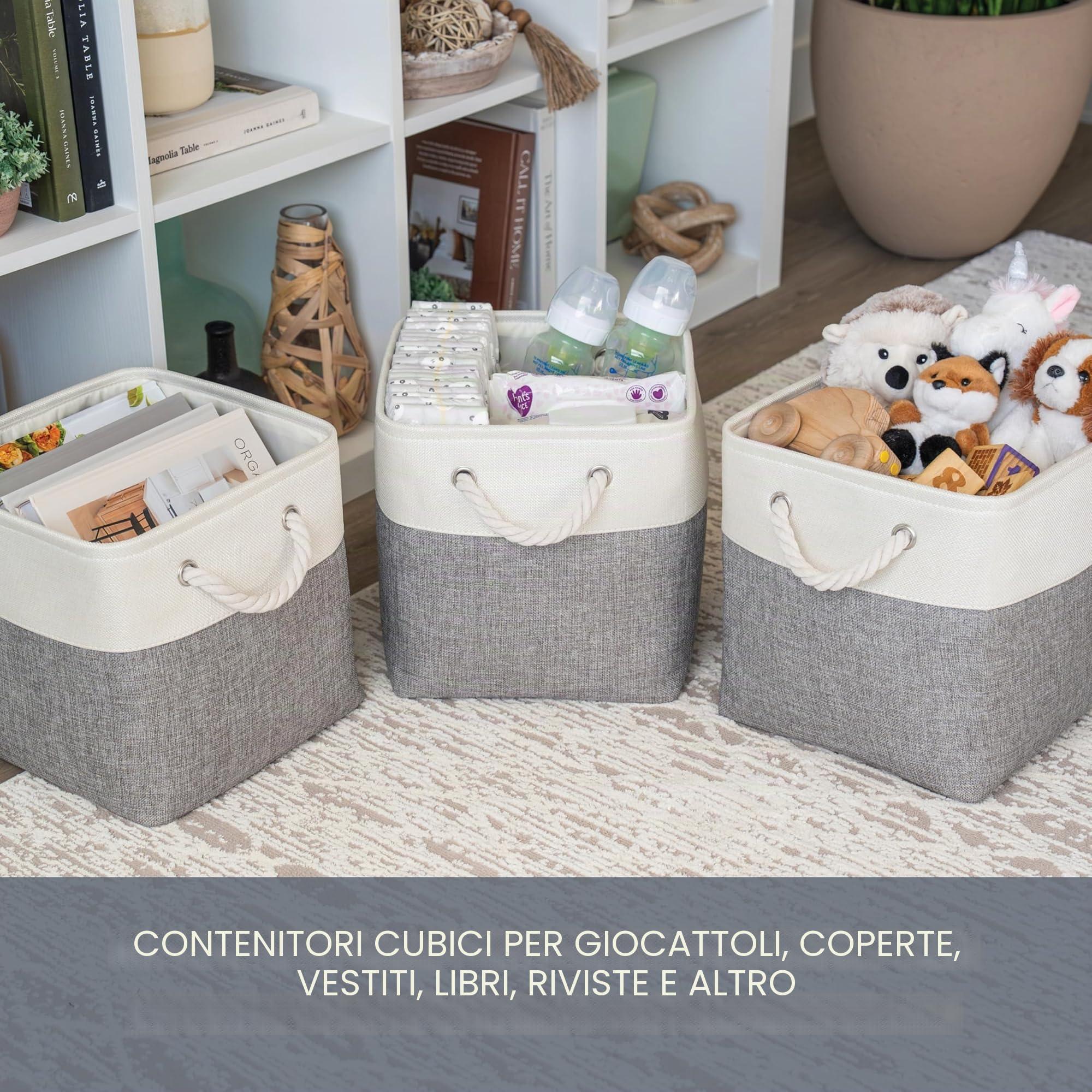 OrganiHaus Set di 4 Cubi Scatole Portaoggetti 30x30, Cestini Portaoggetti in Tessuto con Manici in Corda, Cubi Portaoggetti Pieghevoli per Libreria Kallax, Cestino per la Cameretta. Grigio/Bianco