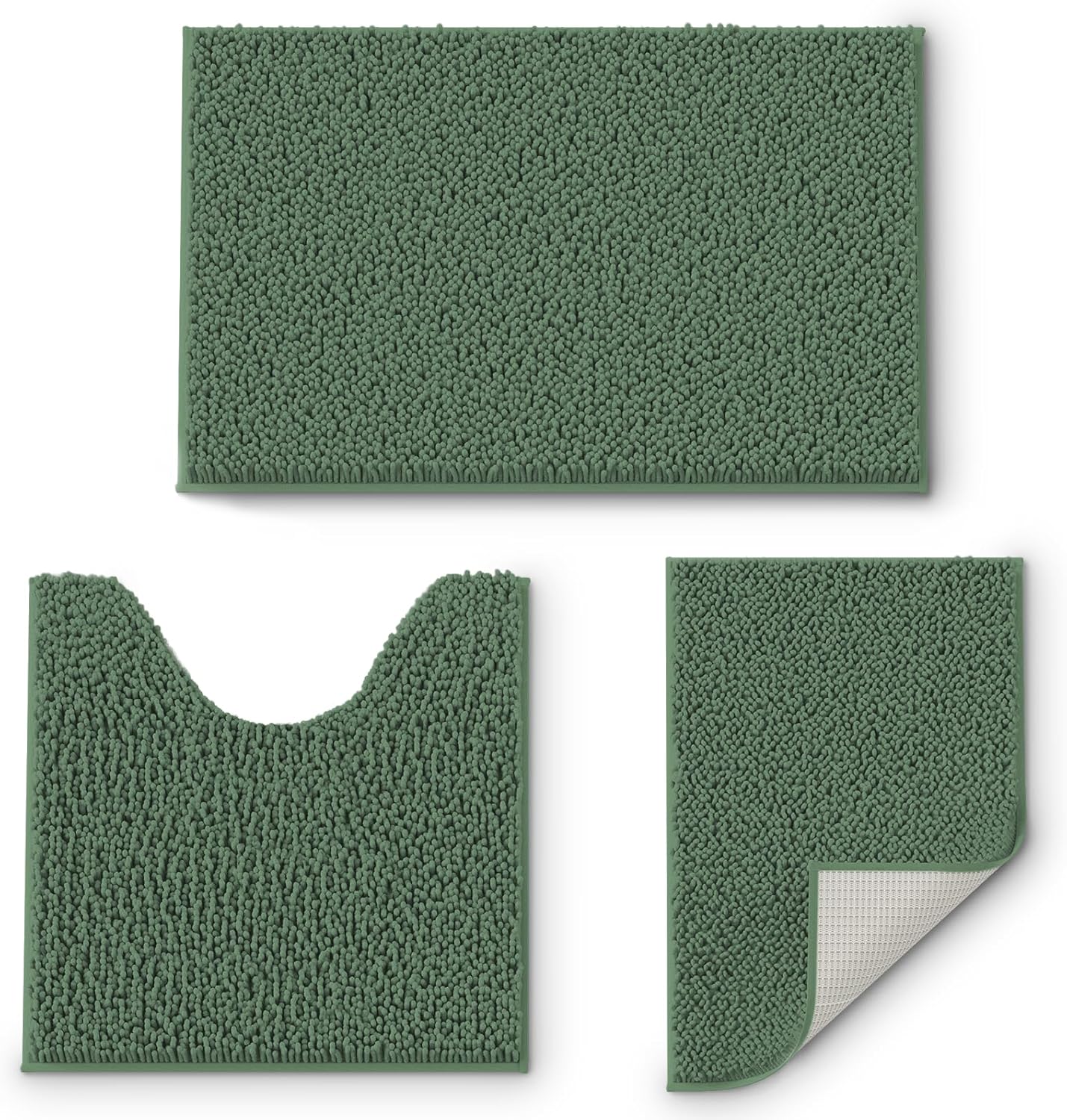 Bathroom Rug Mat Set 3 Piece, Chenille Bath Mat Set, Non-Slip Ultra Soft Carpet Mats, Absorbent with U-Shaped Toilet for Bathroom, Tub, Shower, Deep Green