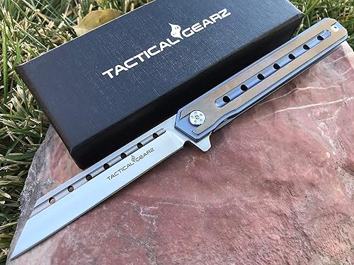TACTICAL GEARZ Cuchillo de bolsillo de titanio para EDC, mango de titanio sólido Tc4, hoja tanto de acero D2 incluye funda (Onyx BB)