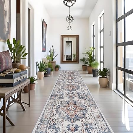 Washable 3x18 Hallway Runner Rug: Vintage Low Pile Soft Kitchen Entry Runner Long Non-Shedding Distressed Carpet for Living Room Dining Room Non Slip Thin Floor Mat for Bathroom Bedroom (3X18, Brick)
