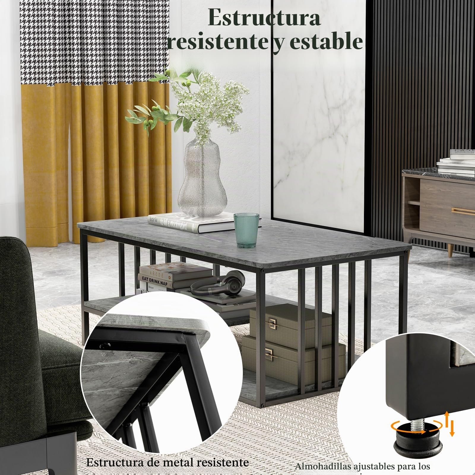 LIFEZEAL Mesa Centro de Salón, con Efecto Mármol, Mesa Baja de Sofá, Madera+Metal, Moderna, Estante Abierto, 110 x 60 x 45 cm