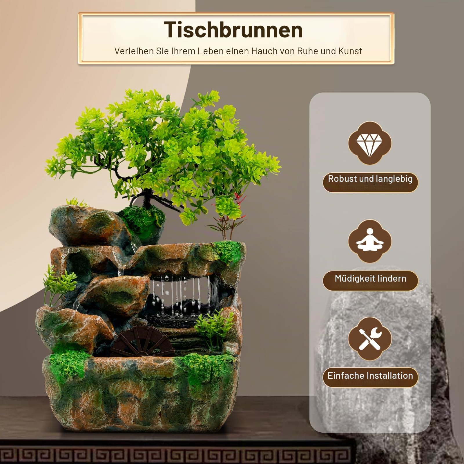 Zimmerbrunnen 18x15x30 cm, Dekorativer Tischbrunnen mit LED und Beruhigendem Wasserspiel, Tisch Zimmer Wasser für Wohnzimmer, Schlafzimmer, Büro
