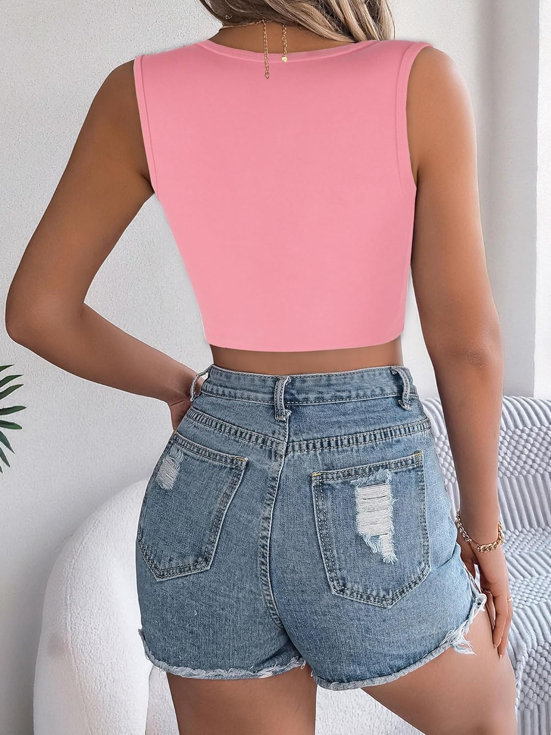 Women's Tank Tops Sexy Deep V Neck Sleeveless Shirts Y2k Night Out Crop Top with Ring - Image 3