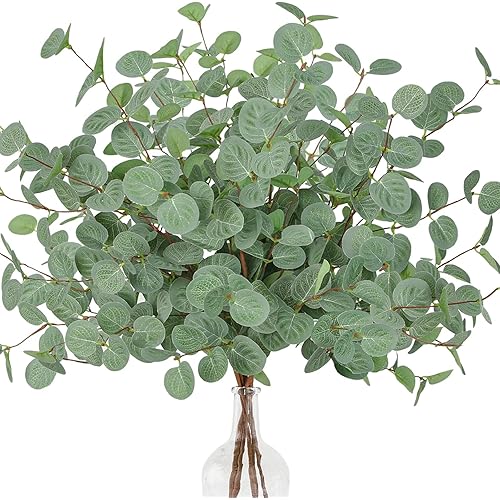 ZIFTY 6 Pcs Artificial Eucalyptus Leaves Long Stems 26.7" Tall Fake Silver Dollar Greenery Eucalyptus Plant Branches for Vase Bouquets Farmhouse Wedding Decor
