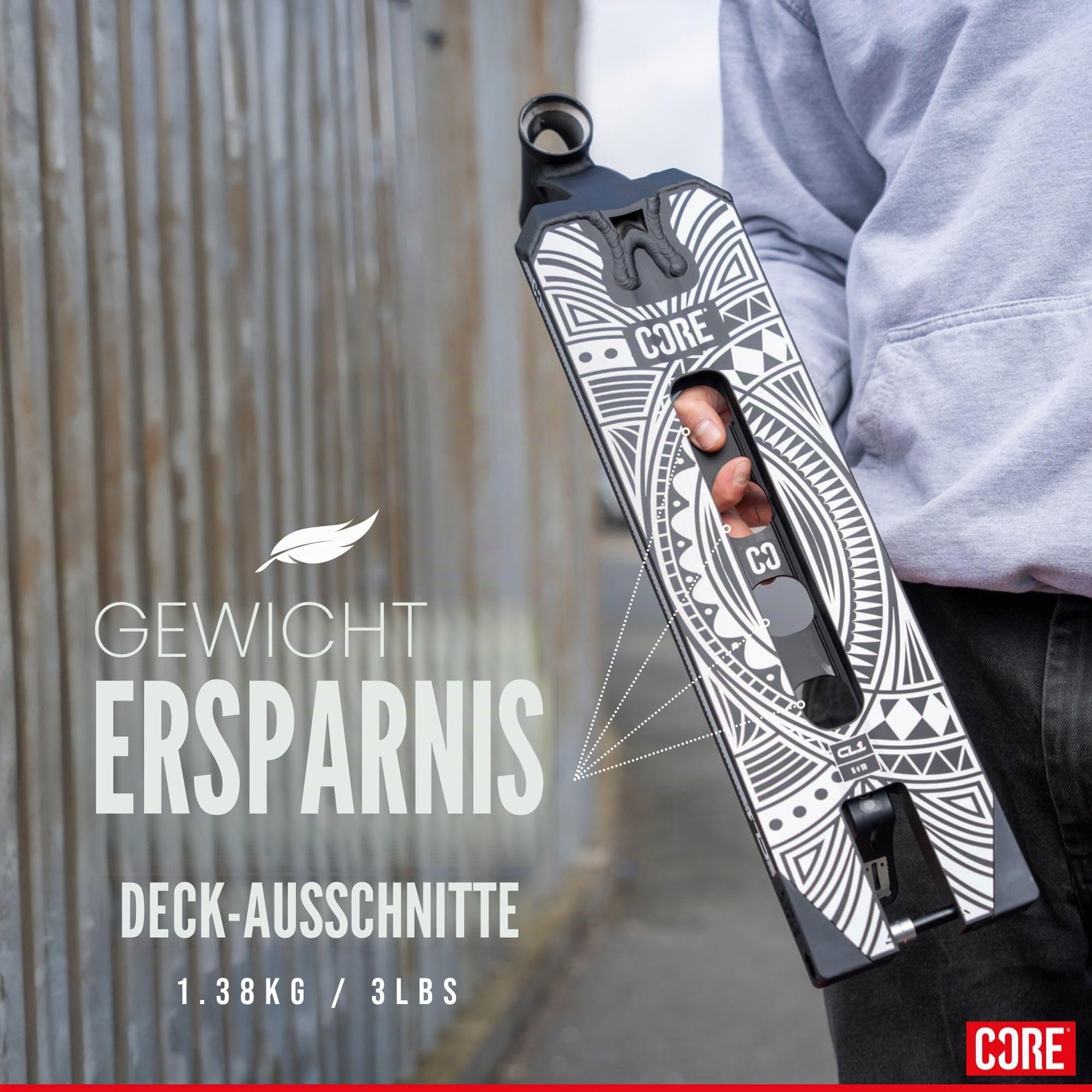 Core CL1 Stunt Scooter Deck 5 x 19 – Pro leichtes Deck für Stunt-Scooter & Custom Scooter, Griptape enthalten, perfekt für Skatepark-Fahren – Schwarz