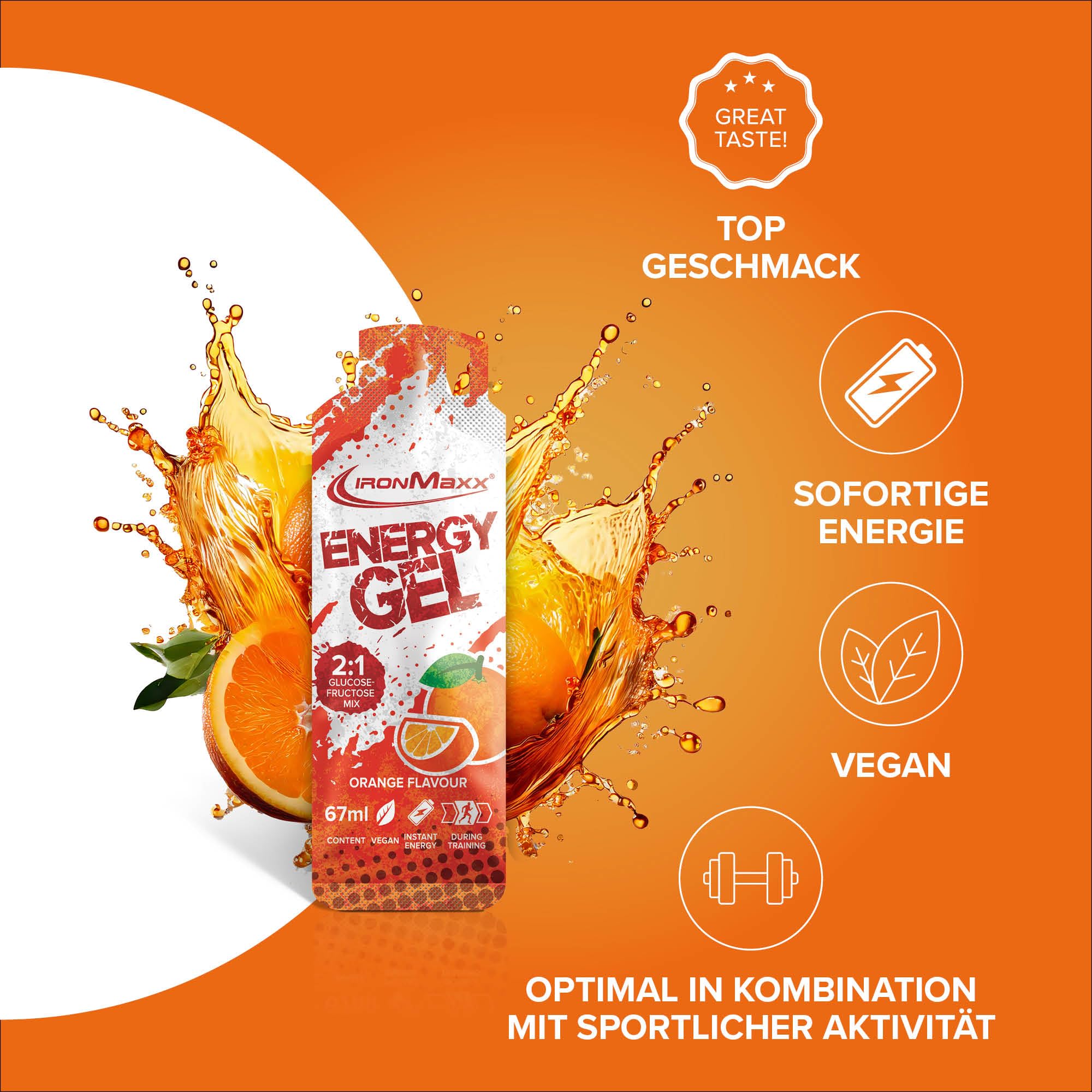 IronMaxx Energy Gel – Orange 24x67 ml | Con 25 g de carbohidratos y 200 mg de sodio por porción | Ideal para esfuerzos físicos intensos | Práctico para llevar a cualquier parte