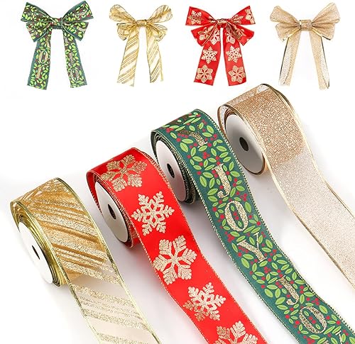 Cintas de Navidad 4 rollos de cinta de 24 yardas con borde con alambre para impresión para coronas, arco para arco floral, manualidades, suministros