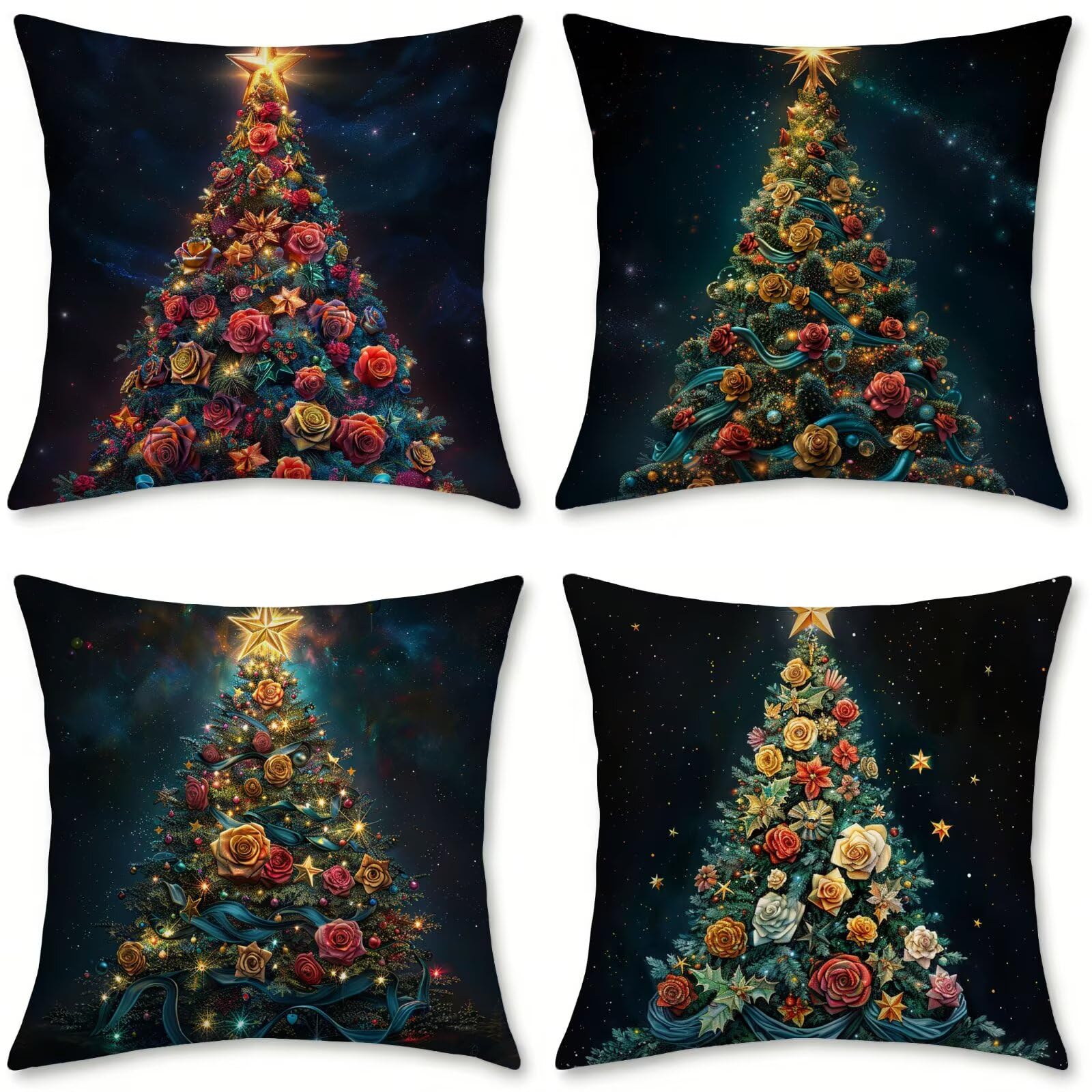 Coussin canapé arbre et fleur | Lot de 4 housses 55x55 cm velours imperméable
