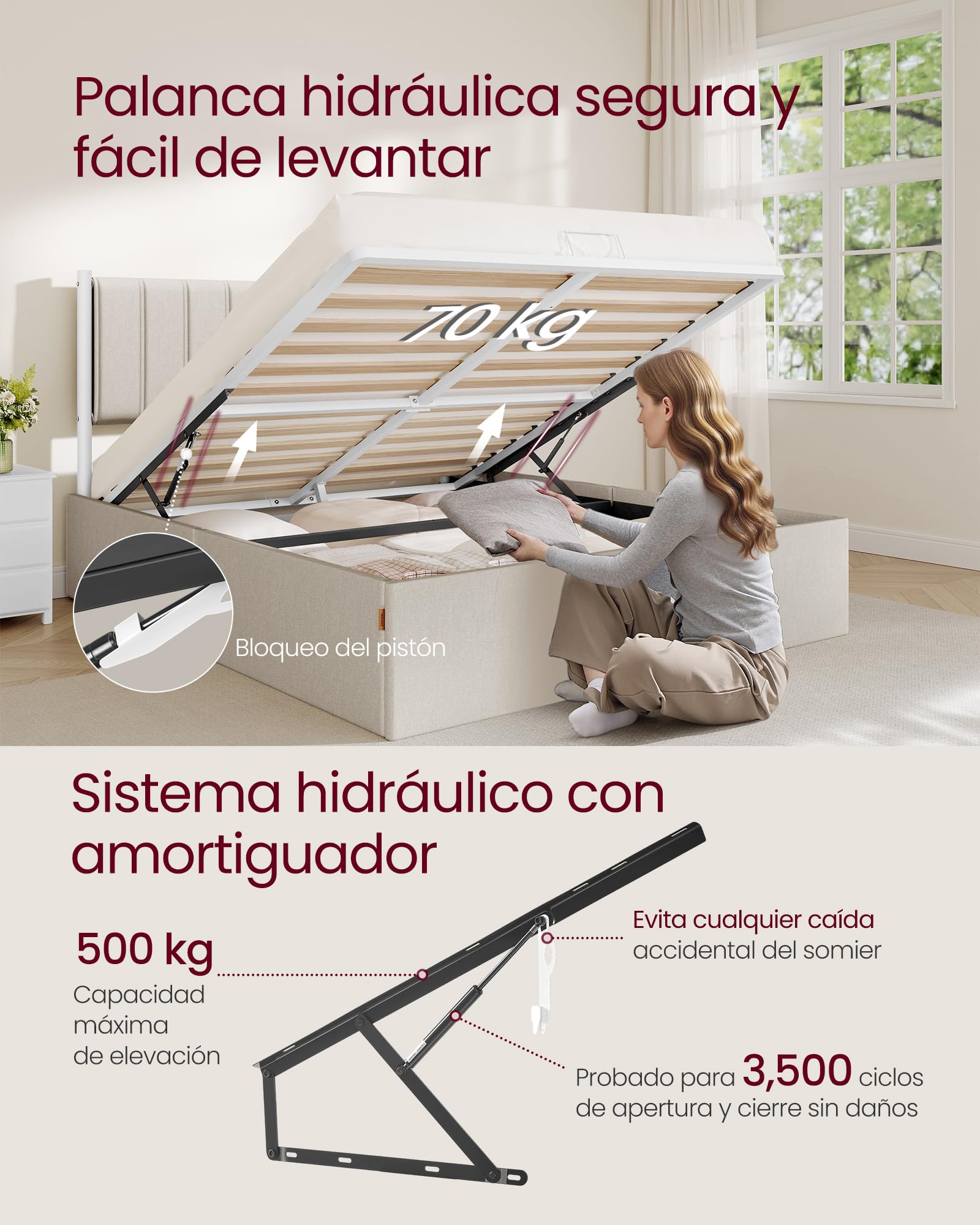 VASAGLE Estructura de Cama, 160 x 200 cm, Cama Elevable, 2 Personas, con Almacenaje, Cabecero, Sistema Hidráulico, Moderno y Minimalista, Fácil Montaje, Beige Capuchino RMB615LH01 - 4