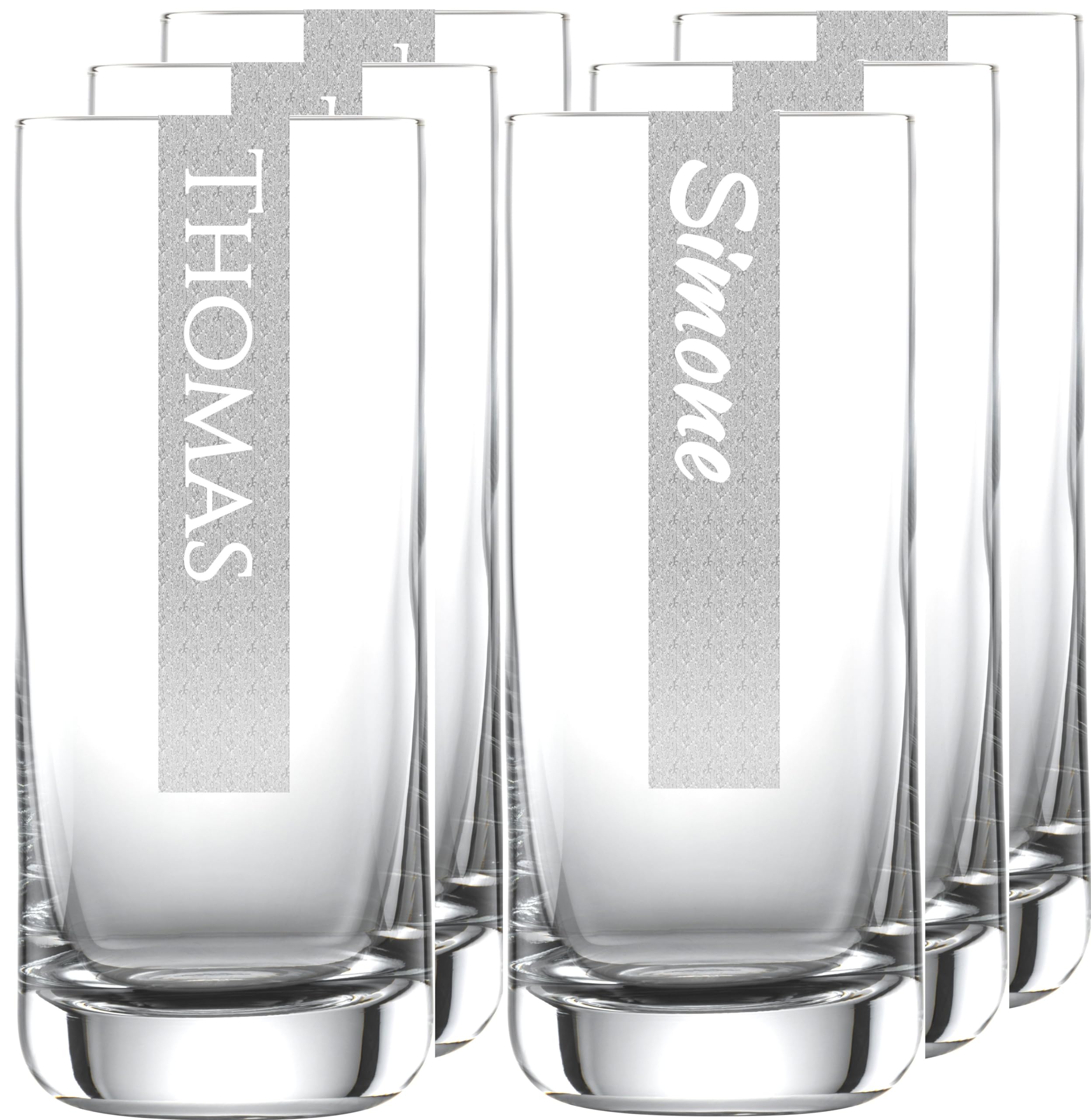 Longdrinkglas 390ml mit Wunschnamen personalisiert 12 Stück | Schott Glas mit Namen | LogoGlas | Spülmaschinenfest | Trinkglas & Individuelle Lasergravur - 12 Stück