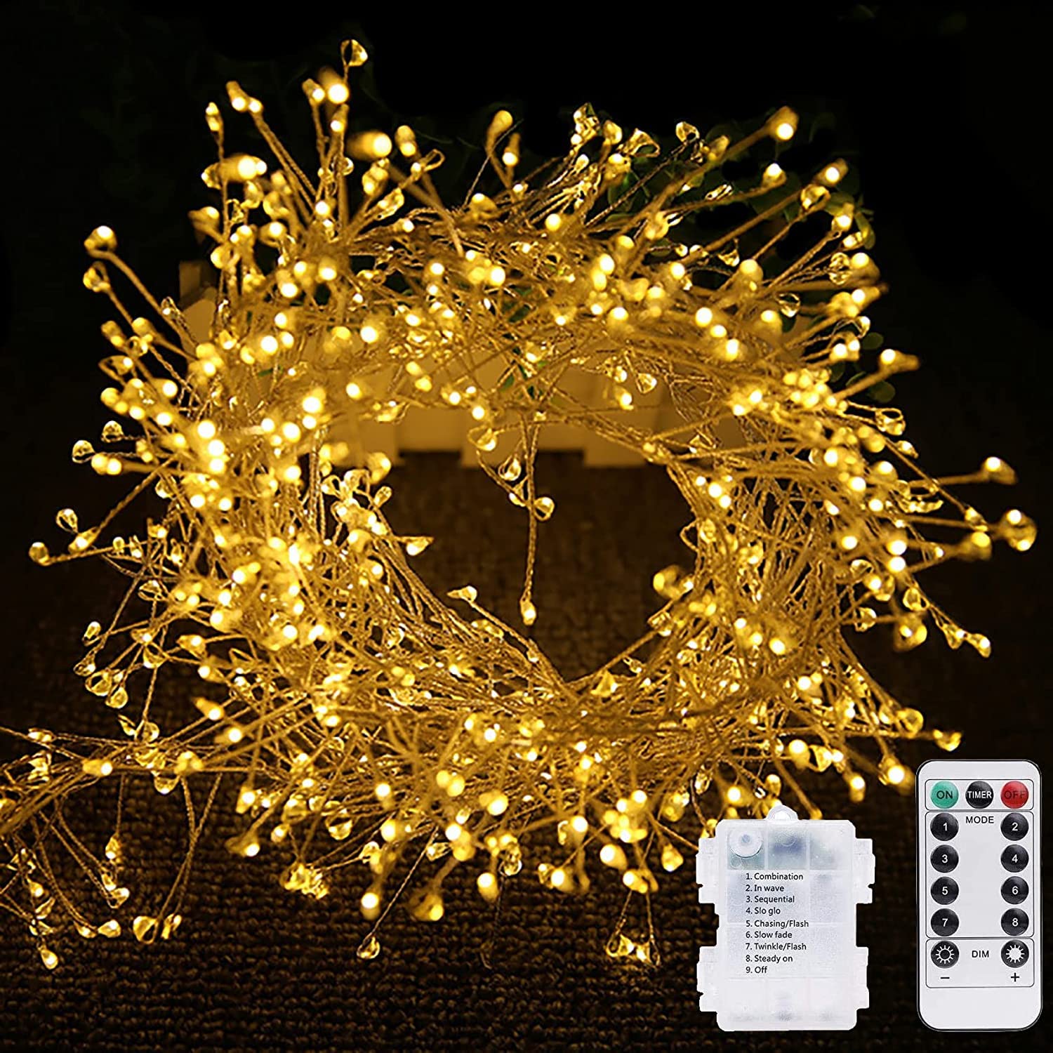 DINOWIN Firecrackers String Lights with Remote 29.5Ft 300 LED Waterproof Cluster Christmas Lights Battery Operated Fire Crackers Garland Fairy Light for Bedroom Garden Party (Warm White)