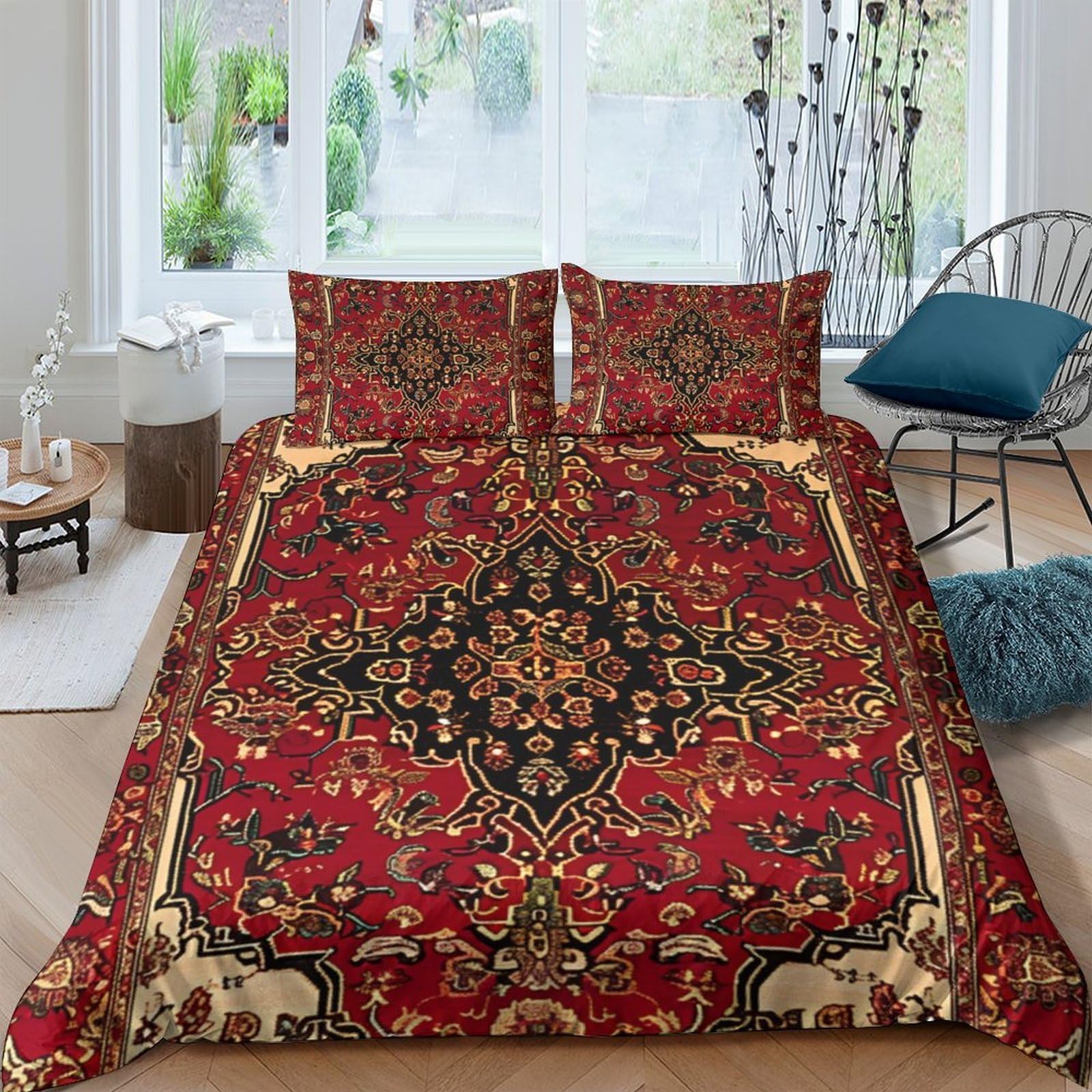 TUFRTGYHN 3D Printed Persian Red Carpet Duvet Cover Microfiber Soft Breathable Oriental Pattern Bedding Set with 2 Pillowcases for Bedroom Decor Single（135x200cm）