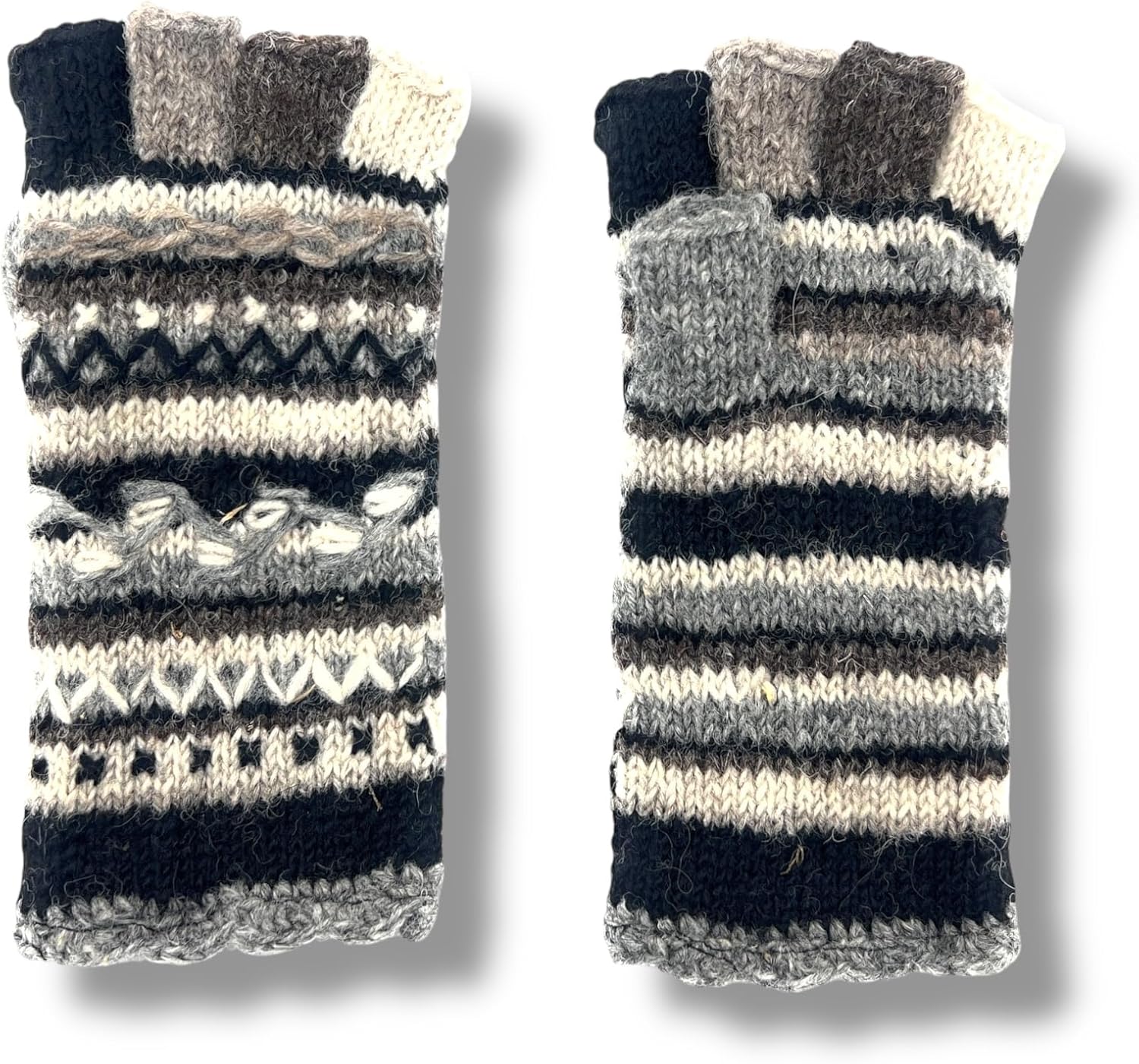 Hand Knit Winter Half Fingerless Striped Texting Gloves Warm Wool Fleece Lined - Image 5
