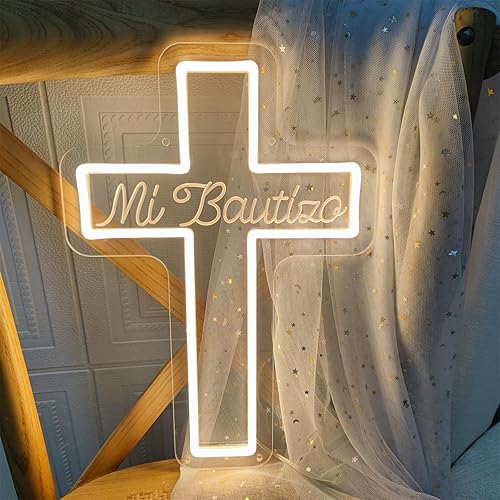 Miniatura 1 de Letrero de neón Mi Bautizo para decoración de pared de bautismo, letrero de neón LED Mi Bautizo de 10.9 x 15.7 pulgadas, letrero de neón de cruz de
