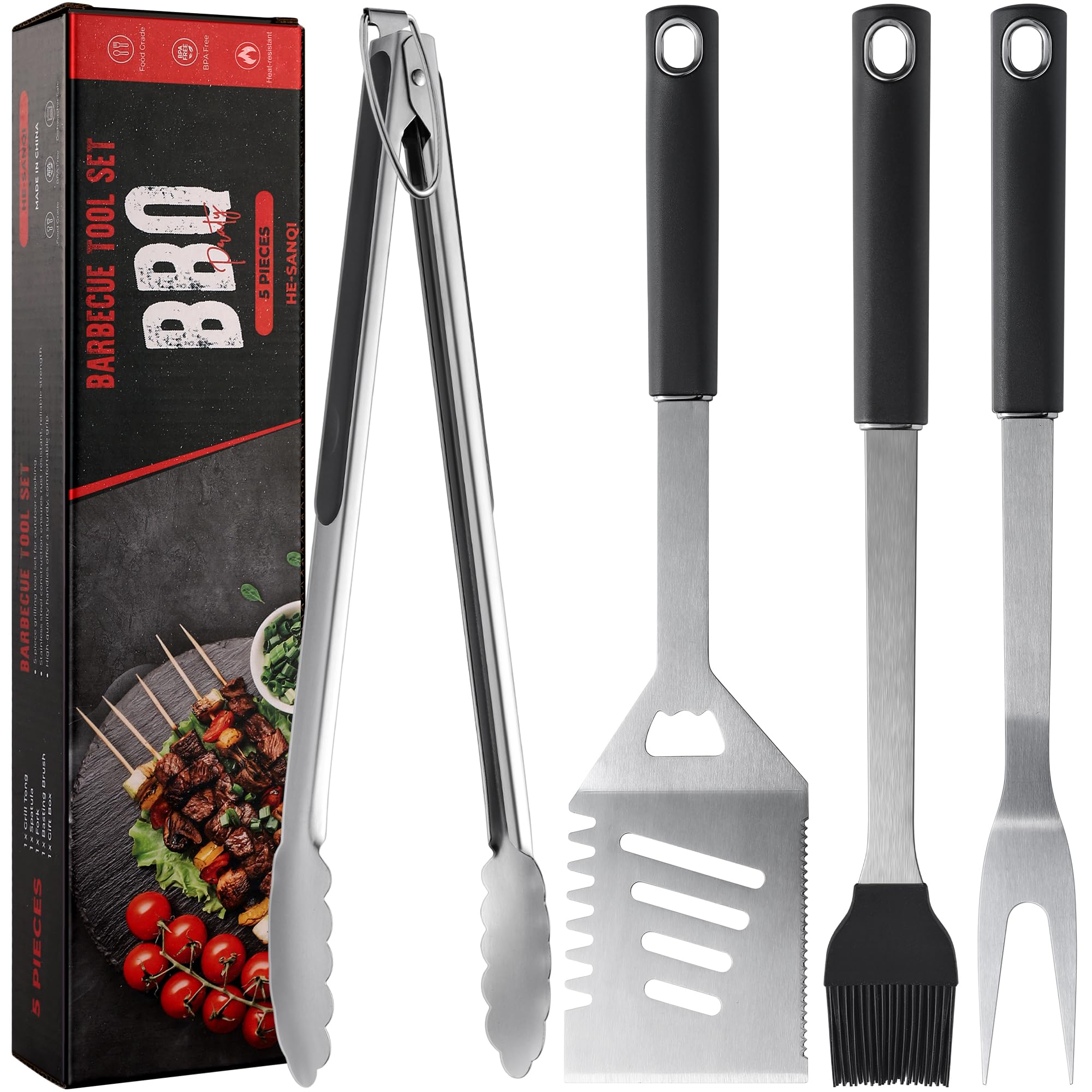5 accesorios para barbacoa, herramientas de parrilla, accesorios de parrilla resistentes, accesorios de parrilla, juego de herramientas de parrilla con espátula, tenedor, pinzas, cepillo y caja de
