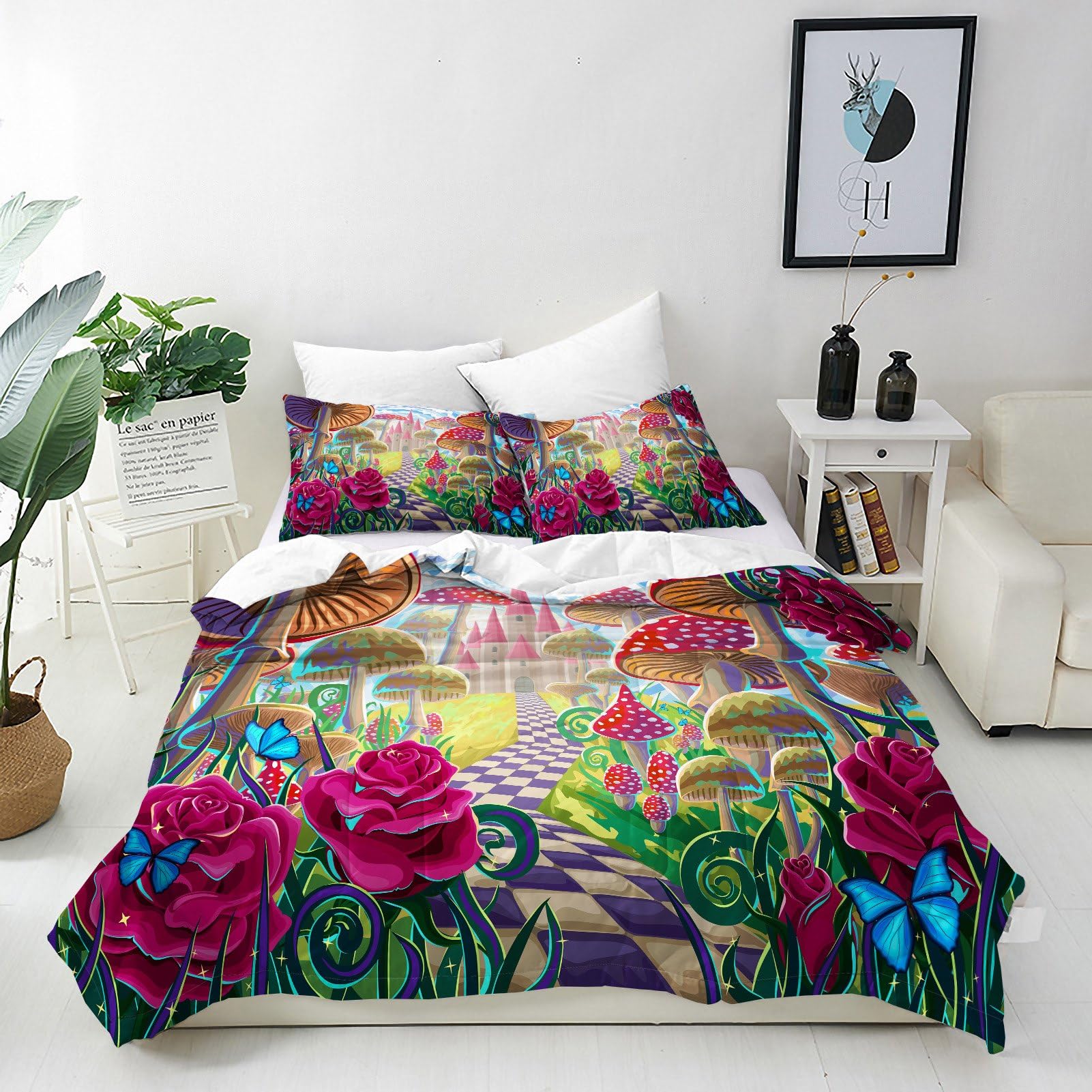 ANHOPE Mushroom Duvet Cover Set 3 Piece Bedding Set with 2 Pillowcases Abstract Colorful Castle Red Rose Print Pattern Soft Breathable Microfibre Quilt Cover with Zipper Closure Double