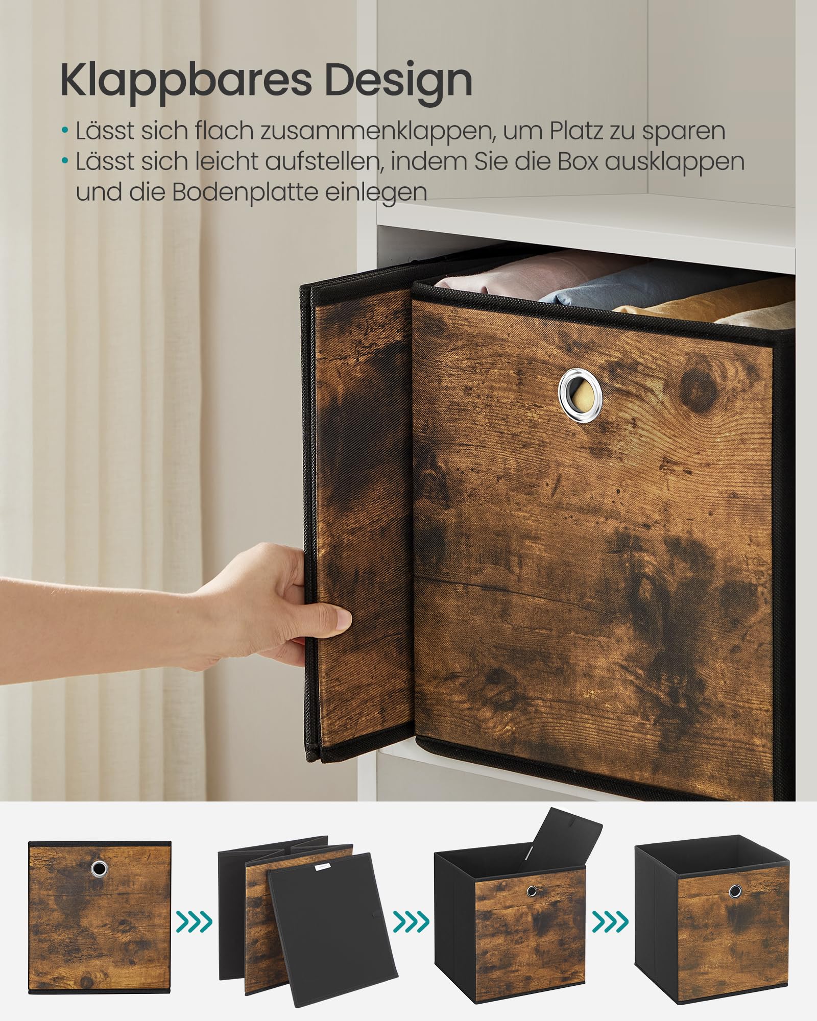 SONGMICS Aufbewahrungsbox, 8er Set, Ordnungsboxen, Faltbox, 30 x 30 x 30 cm, Stoffbox, für Würfelregal, Organizer für Kleidung, für Schlafzimmer Wohnzimmer, vintagebraun-schwarz RFB830B01