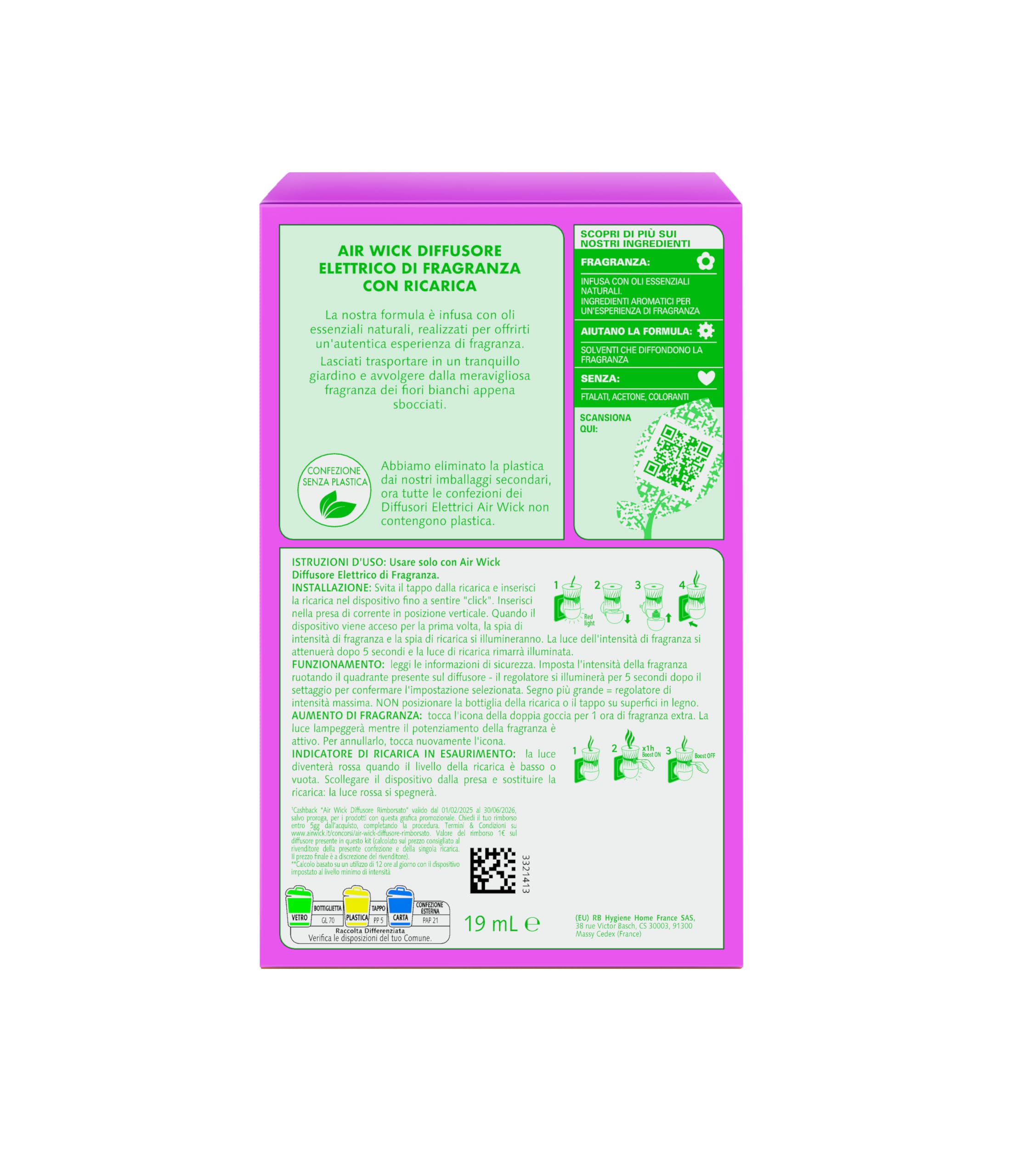 Air Wick Diffusore Elettrico Oli Essenziali 12 Ricariche Vaniglia Burro Karitè Peonia Bianca Gelsomino