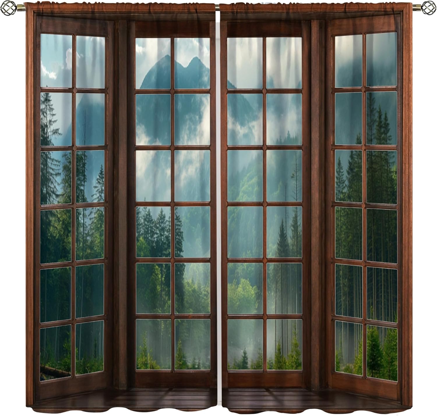 Misty Forest Landscape Curtains, Wooden Window Forest Mountain Rustic Green Tree Mysterious Window Treatments for Bedroom Living Room Kitchen Blackout Curtains 63x72 Inch