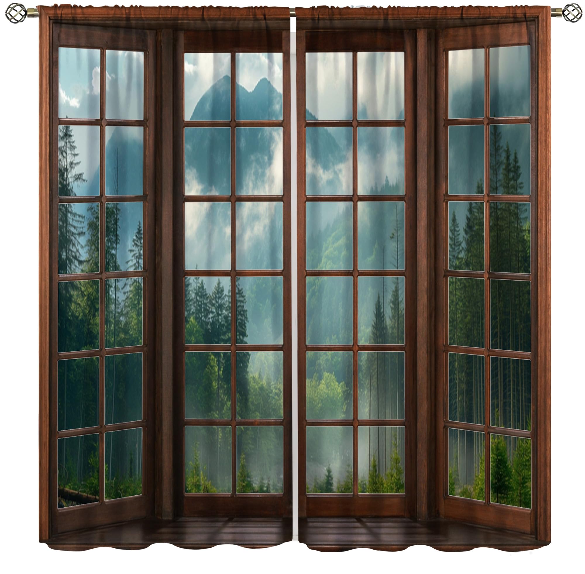 ShiTingYu Misty Forest Landscape Curtains, Wooden Window Forest Mountain Rustic Green Tree Mysterious Window Treatments for Bedroom Living Room