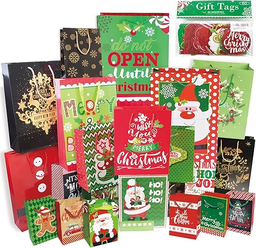 Miniatura 1 de Party Funny 24 bolsas de papel de regalo de Navidad a granel con asas y 60 etiquetas de regalo de Navidad, varios tamaños para envolver regalos de