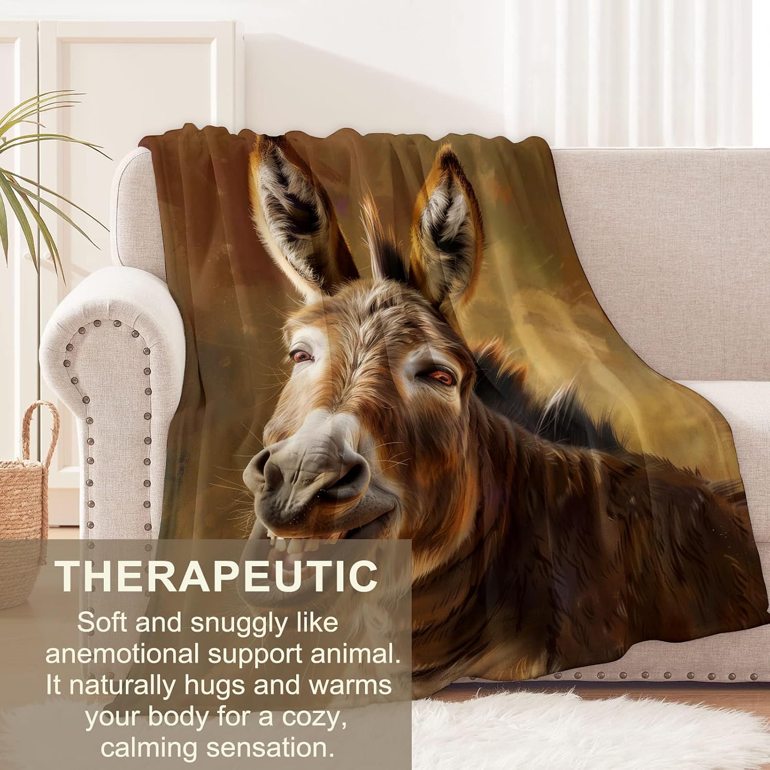 Funny Donkey Blanket for Kids Adults,Fun Smiling Animal Art Flannel Blankets Gifts,Rustic Farm Painting Style Throws for Sofa Bedroom Living Room Soft Warm Cozy Farmhouse Decor 60"x 50"