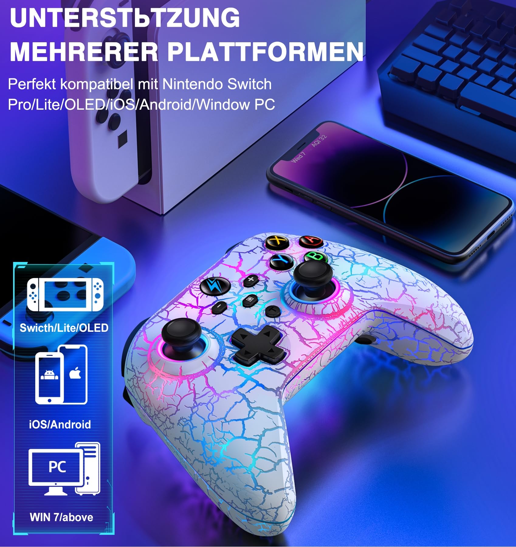 HASACOOL Switch Pro Controller Mit 2 Back Button Macro Programmierbar/Rissiges Design Lichter, 1000mAh für Switch/Lite/OLED, Kompatibel Mit Android/IOS/PC(Weiß)