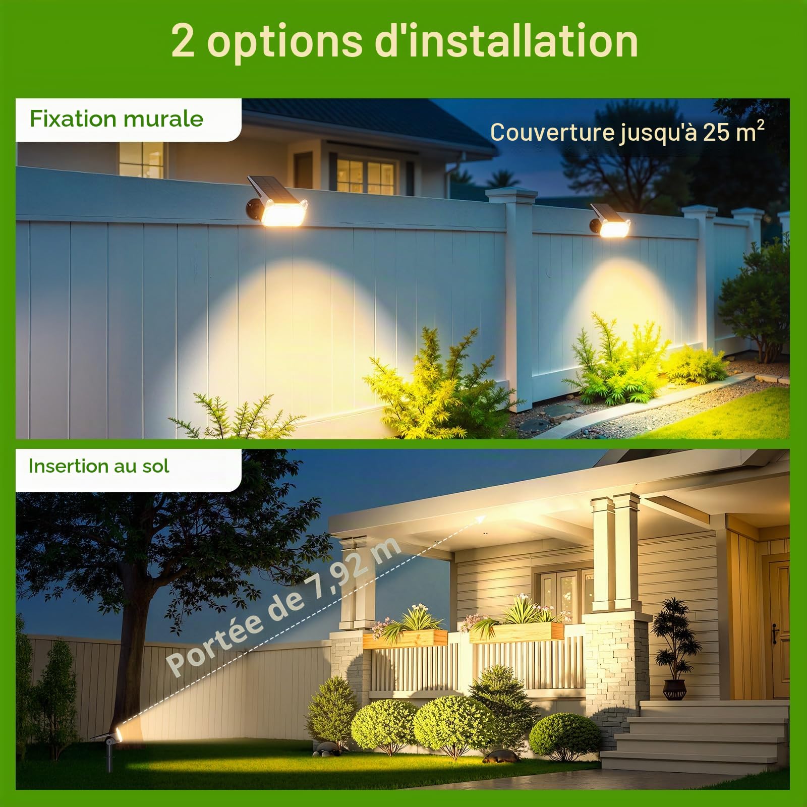 GEARLITE Spot Solaire Exterieur Puissant, Lot de 4 Lampes Solaires Exterieures Jardin 3000K Lumière Blanc Chaud, 2 Modes d'Éclairage, IP65 Étanche Eclairage Exterieur Solaire pour Chemin Allée