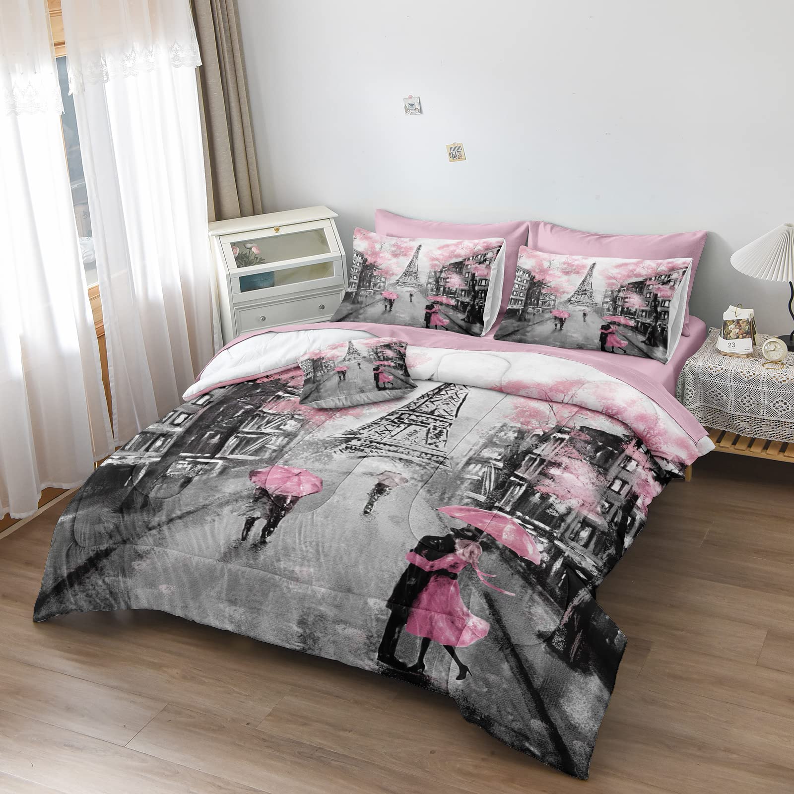 Merryword Pink Paris Comforter Set Queen Size 8 Pieces Bed in a Bag Sweet Couple Lovers Pink Flowers Design Bedding with 1 Comforter, 4 Pillowcases, 1 Flat Sheet, 1 Fitted Sheet, 1 Cushion Cover