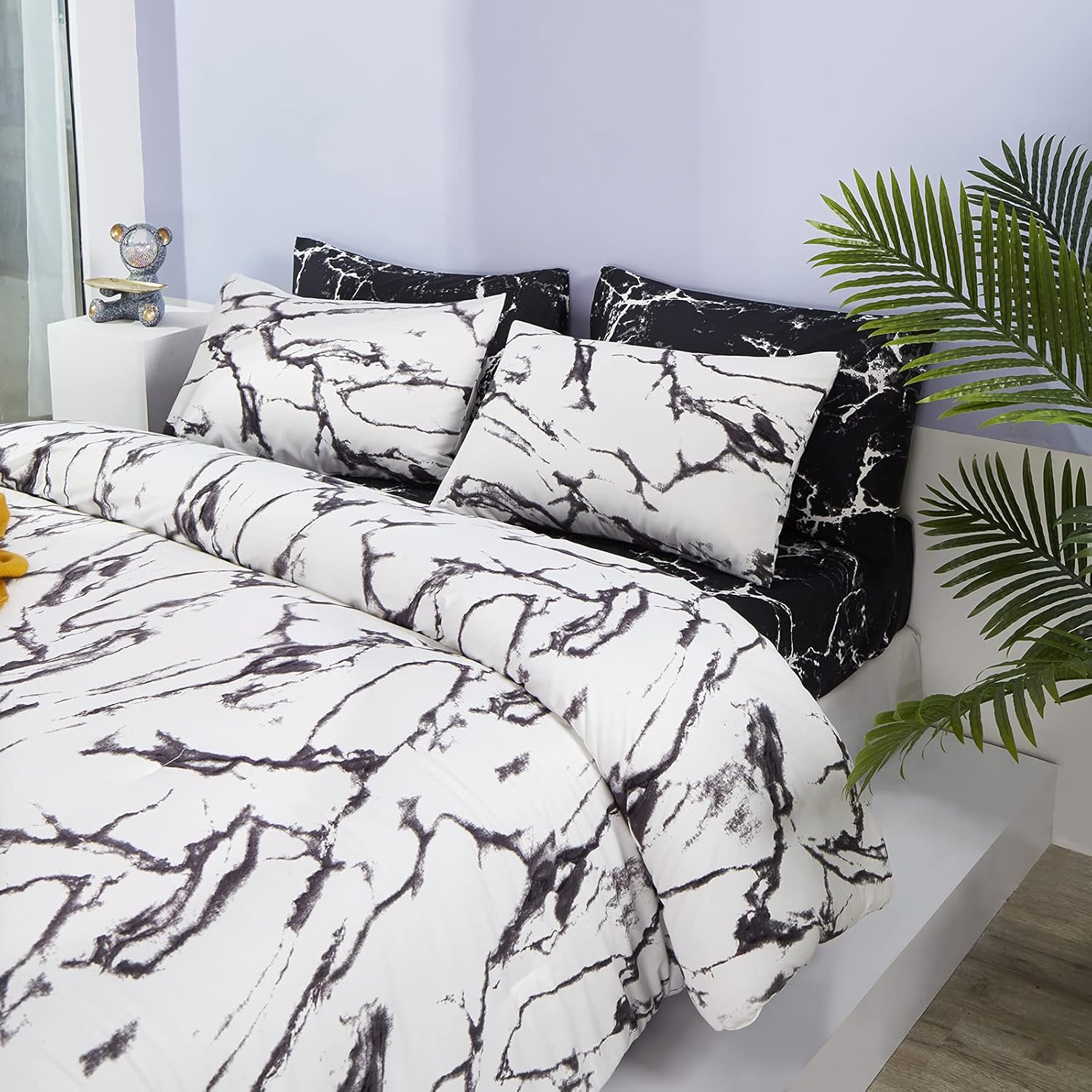 ❤ Crazy Deals karever White Marble Comforter Set Queen White Marble Bedding Set Marble Pattern Printed on White Bedding Blanket Set Soft Lightweight Durable White Marble Blanket(1 Comforter 2 Pillowcase)