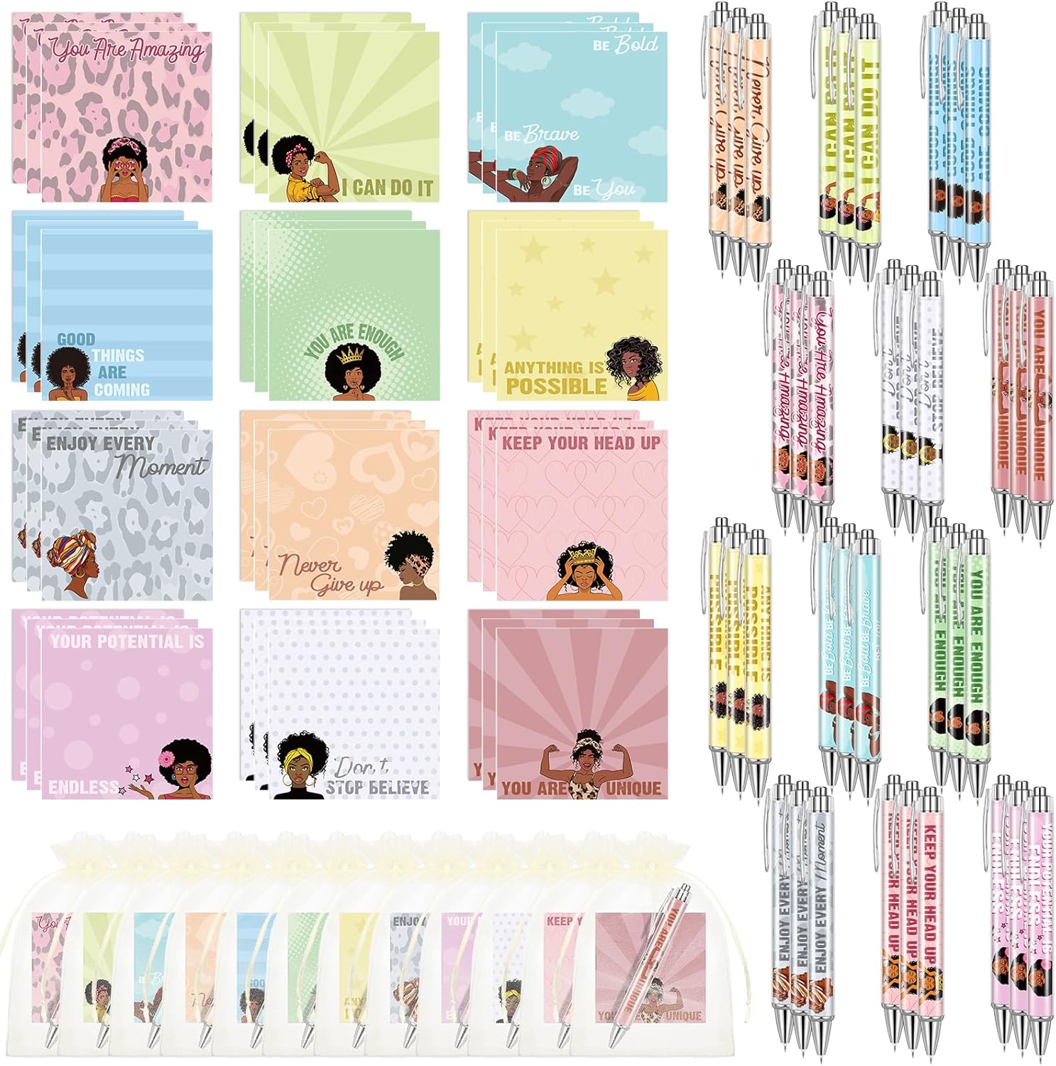 Yeaqee 72 Pcs Black Girl Sticky Notes with Motivational Pens Inspirational Gifts Set African American Self Stick Note Pads and Pens Employee Gifts Bulk for Women Girl Work Study School Office
