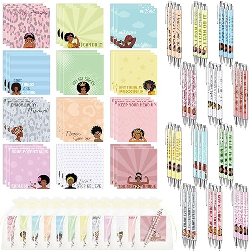 Miniatura 1 de Yeaqee Juego de 36 piezas de regalos inspiradores, notas adhesivas para niñas negras, bolígrafos motivacionales y bolsas de organza, bonitos blocs
