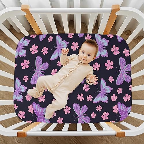 Miniatura 2 de Sábanas bajeras ajustables para cuna, diseño floral, mariposas moradas, portátiles, para bebé y niño, colchón suave y transpirable para cuna de 39 x