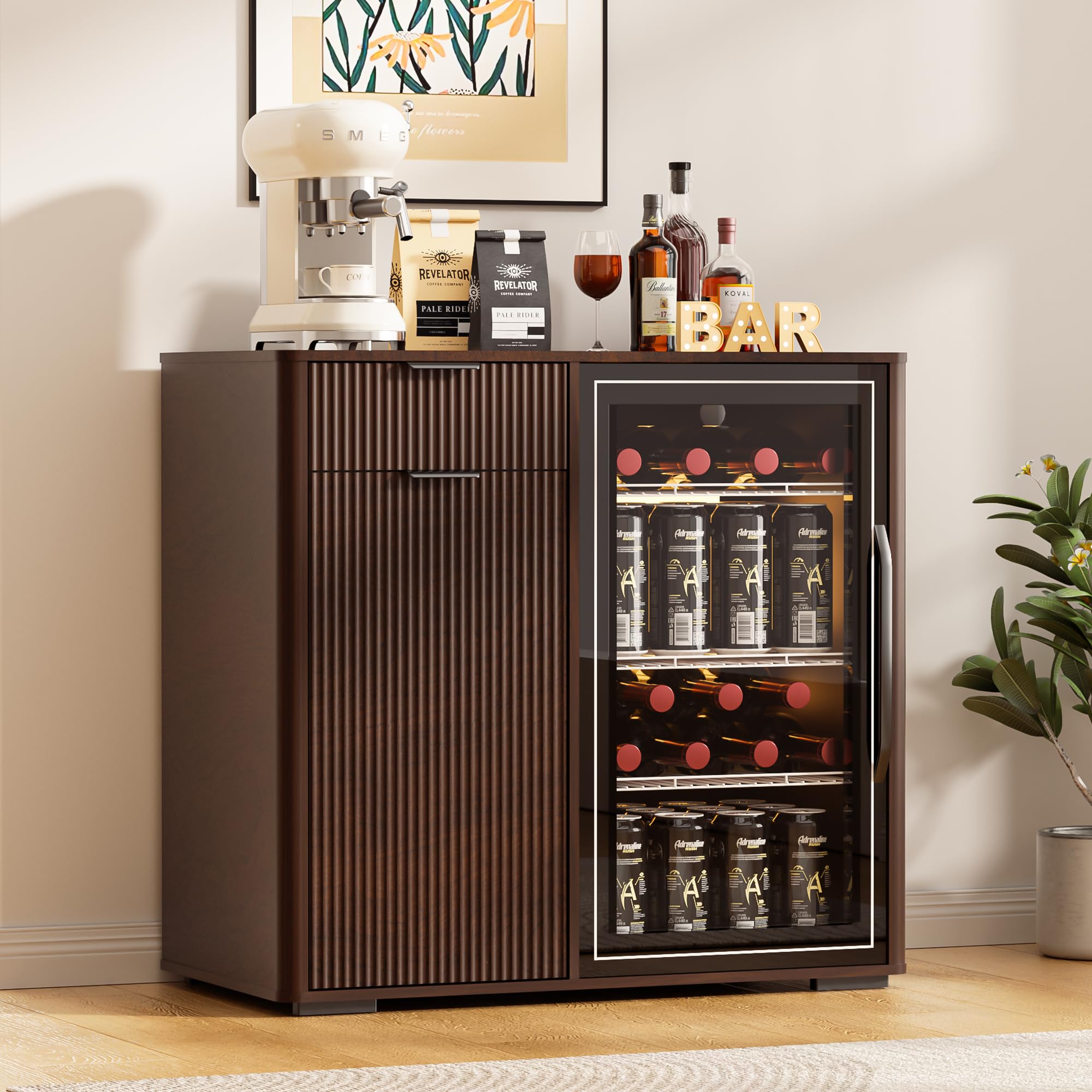Wine Bar Cabinet with Mini Fridge Space, Liquor Coffee Cabinet with Hidden Drawer, Buffet Sideboard for Living Room, Kitchen, Dining Room