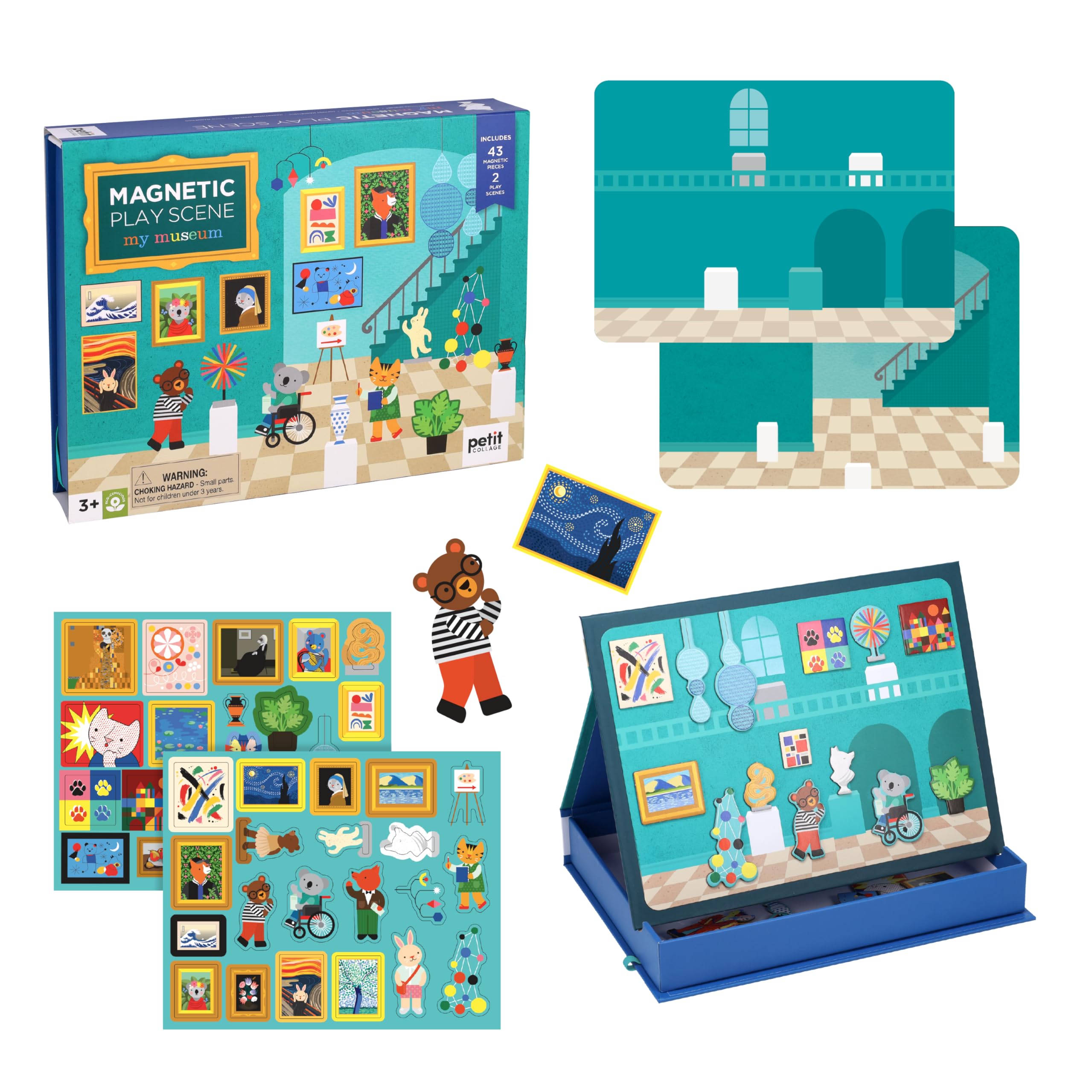 Petit Collage - My Museum Magnetic Play Box - Includes 2 Museum Play Scenes and Over 40 Magnetic Play Pieces for Imaginative Play