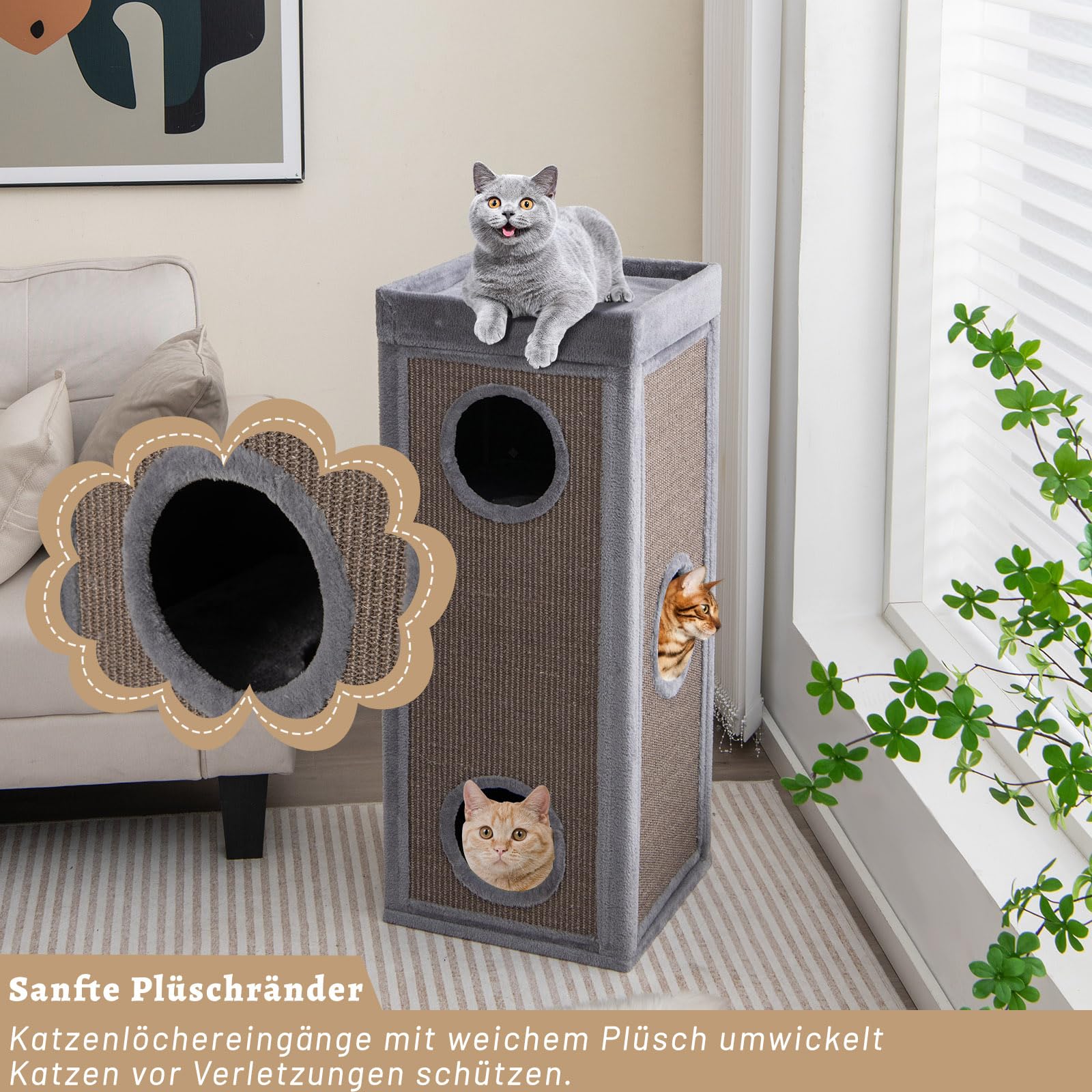 GYMAX Kratztonne 40 x 40 x 99 cm, 4-stöckige Katzentonne mit 3 Höhlen, abnehmbare Plüschkissen & 2 Kratzbretter, Stabiler Kratzbaum für kleine & große Katzen (Grau)