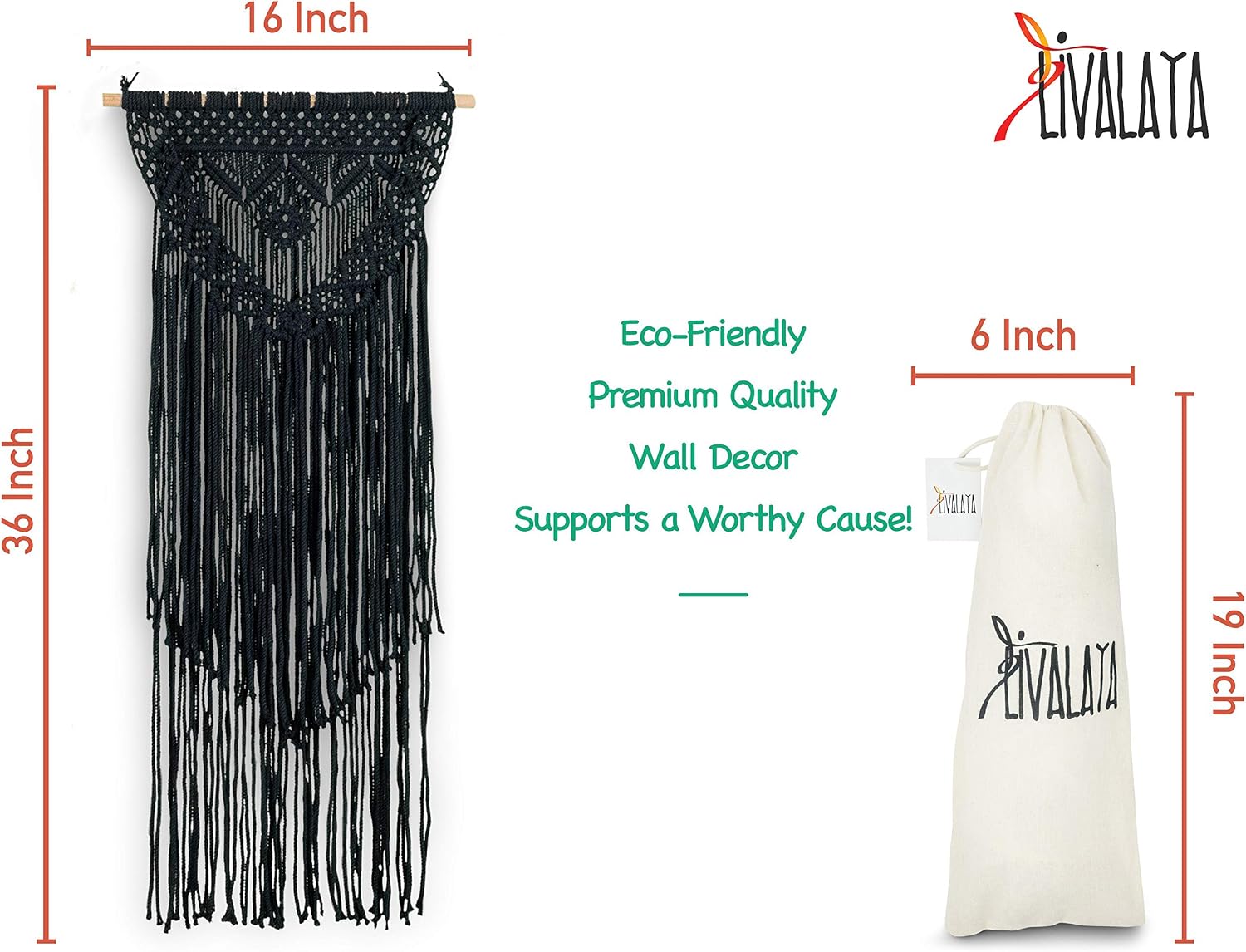 Boho Black Macrame Wall Hanging Woven Decor - Black 16 x 36 Inches Modern Bohemian Farmhouse Wall Art Tapestry Decor for House, Apartment, Dorm Room, Nursery, Party Decorations, Wedding, Wall Ornament