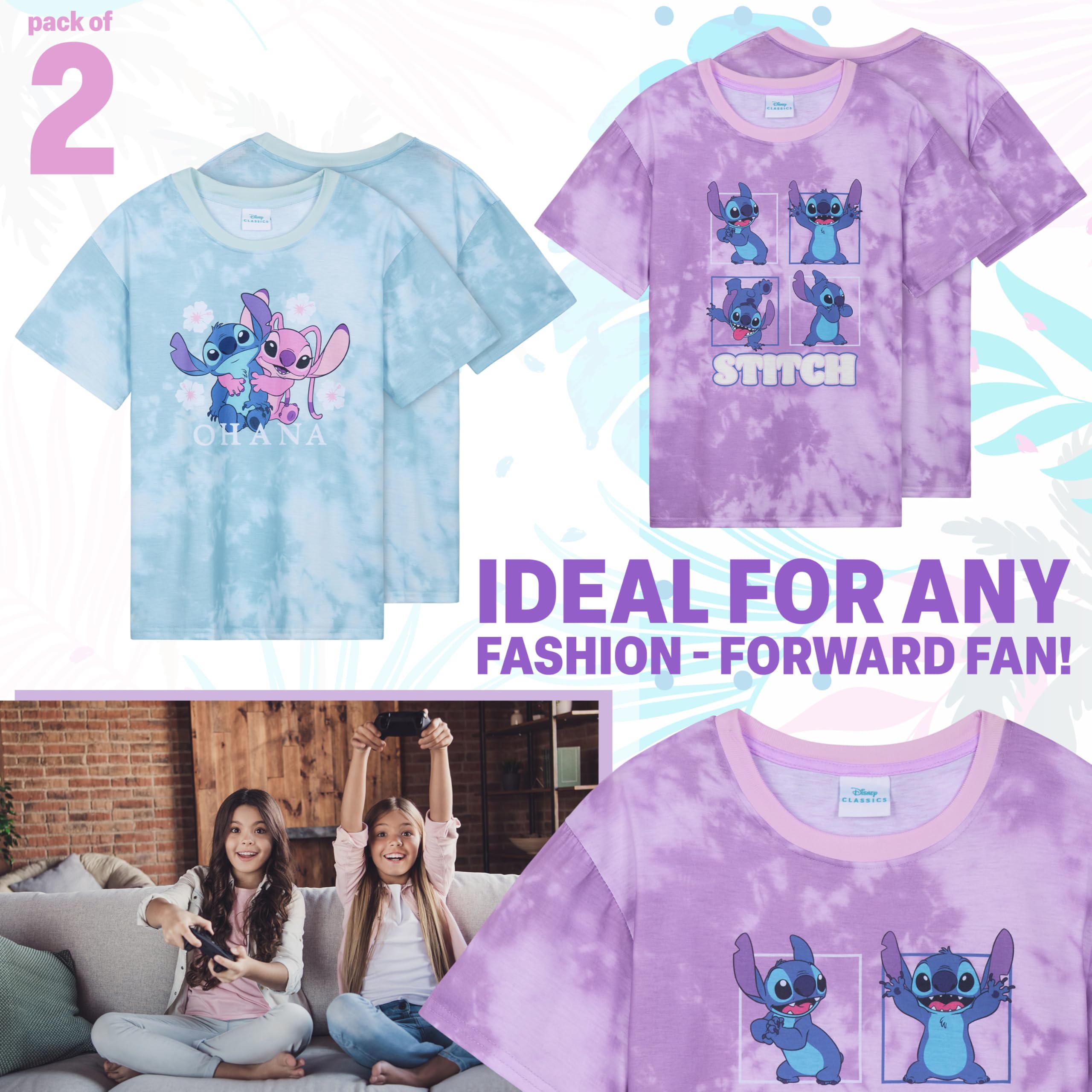 Disney Stitch Pack Camisetas Niña Adolescentes Conjunto de 2 Camisetas Manga Corta Ropa de Verano Niña Regalos para Niños
