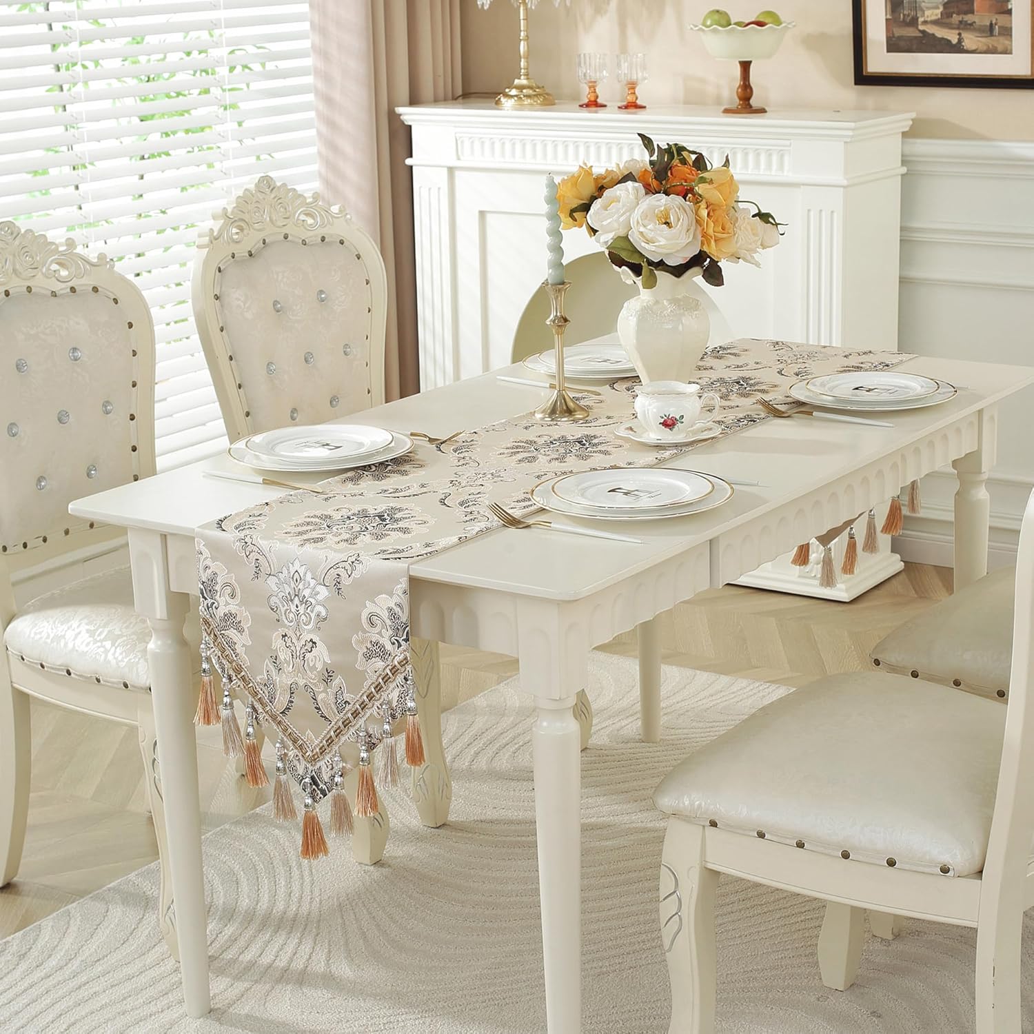 White Table Runner Floral Jacquard Damask Dining Table Runner with Multi-Tassels for Kitchen Dresser Party Banquet Holiday