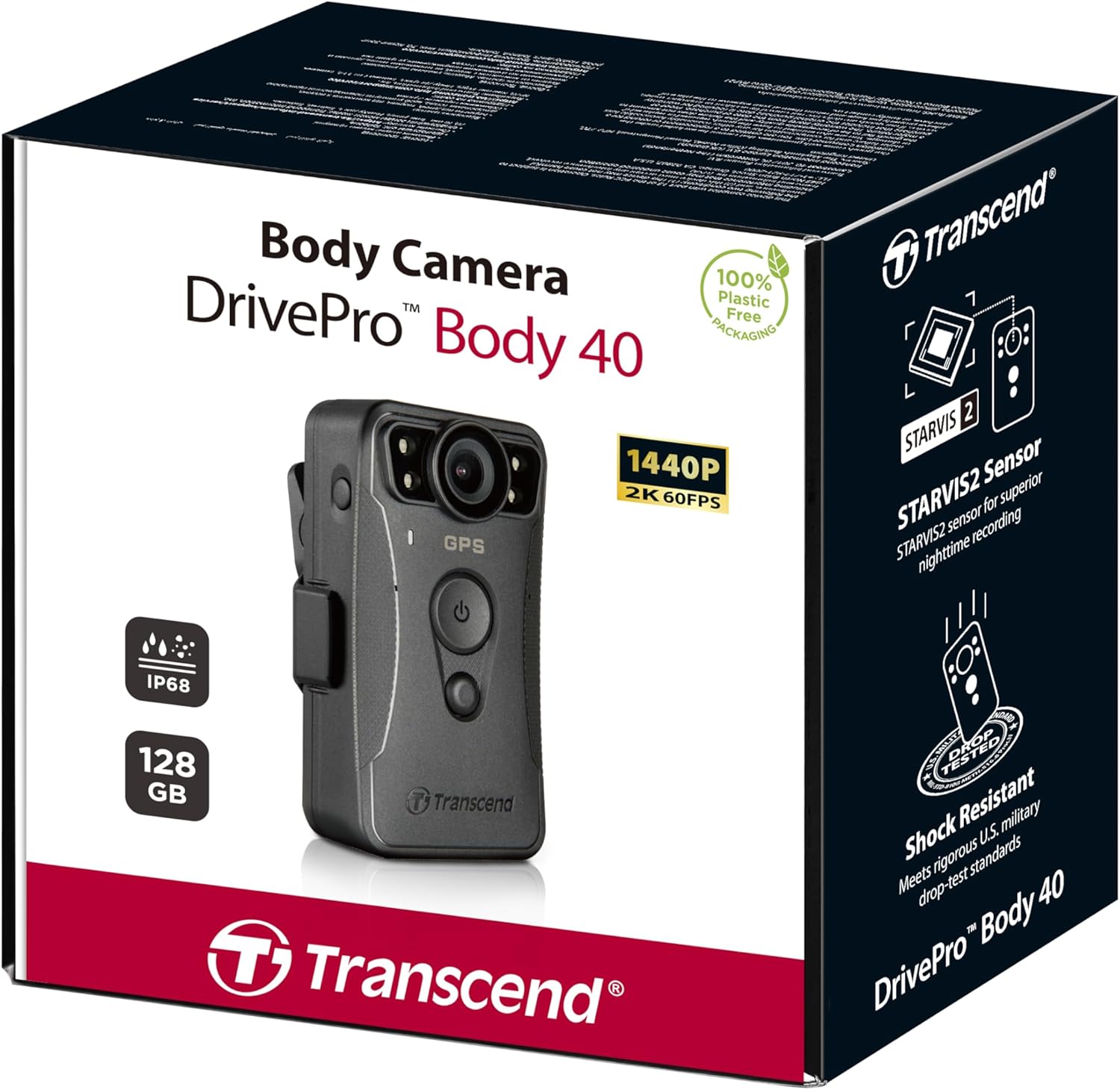 Transcend DPB40 DrivePro Body Camera 128GB, STARVIS 2 Police Body Camera with 1440P QHD/IP68 Waterproof/Electric Image Stabilization/Night Vision/WiFi/Bluetooth/GPS, for Law Enforcement, Delivery