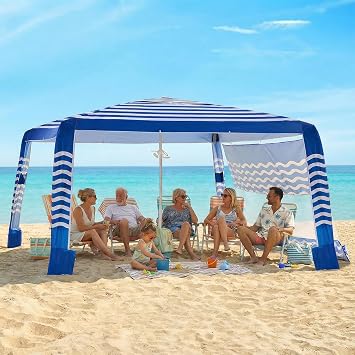 Zeraty Beach Cabana 88, Portable Beach Canopy with Side Wall, UPF 50+ Silver-Coated Beach Tent Sun Shelter Easy Pop Up, Wind Resistant Adjustable Height Beach Umbrella Tent for Family, Navy Blue