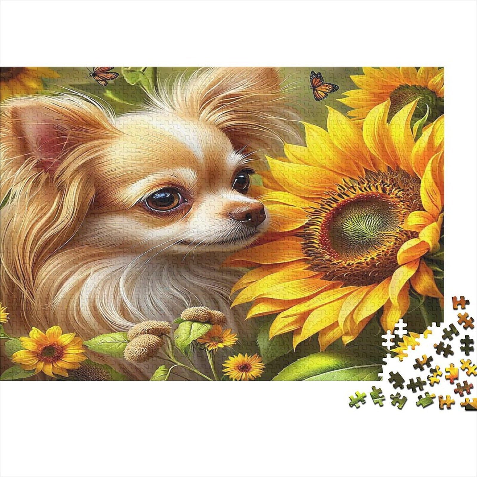 1000 Pieces Paper Dog Sunflower Puzzle for Adults Thick Eco-Friendly Brain Training Home Wall Art 70x50cm/1000pcs