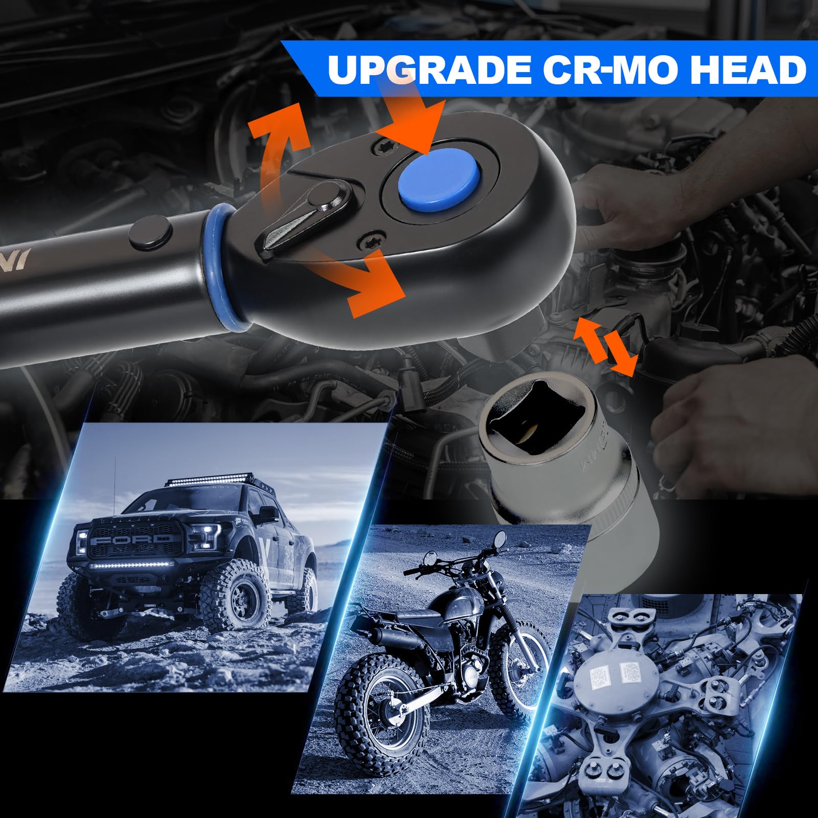 Set di chiavi dinamometriche per auto, 1/2", 20-220 Nm, certificato TÜV GS, 6 pezzi, con asta di prolunga da 125 mm, adattatore da 1/2"-3/8", 3 bussole da 17/19/21 mm, torque wrench per