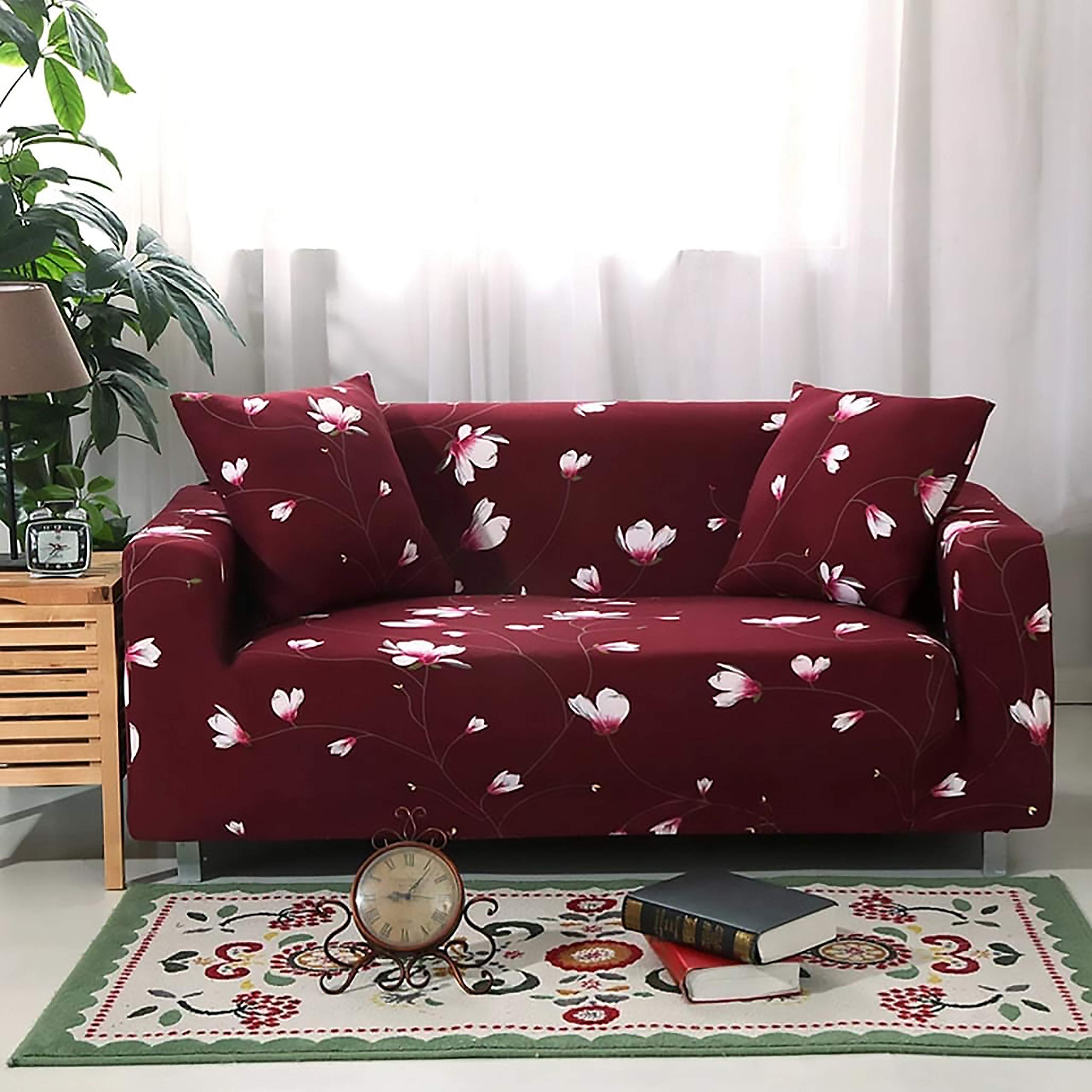 Polyester and Spandex Fabric Floral Double Seater Big Elasticity Flexible Sofa Couch Stretch Slipcover (145-185 cm, Red, Maroon)-image-47