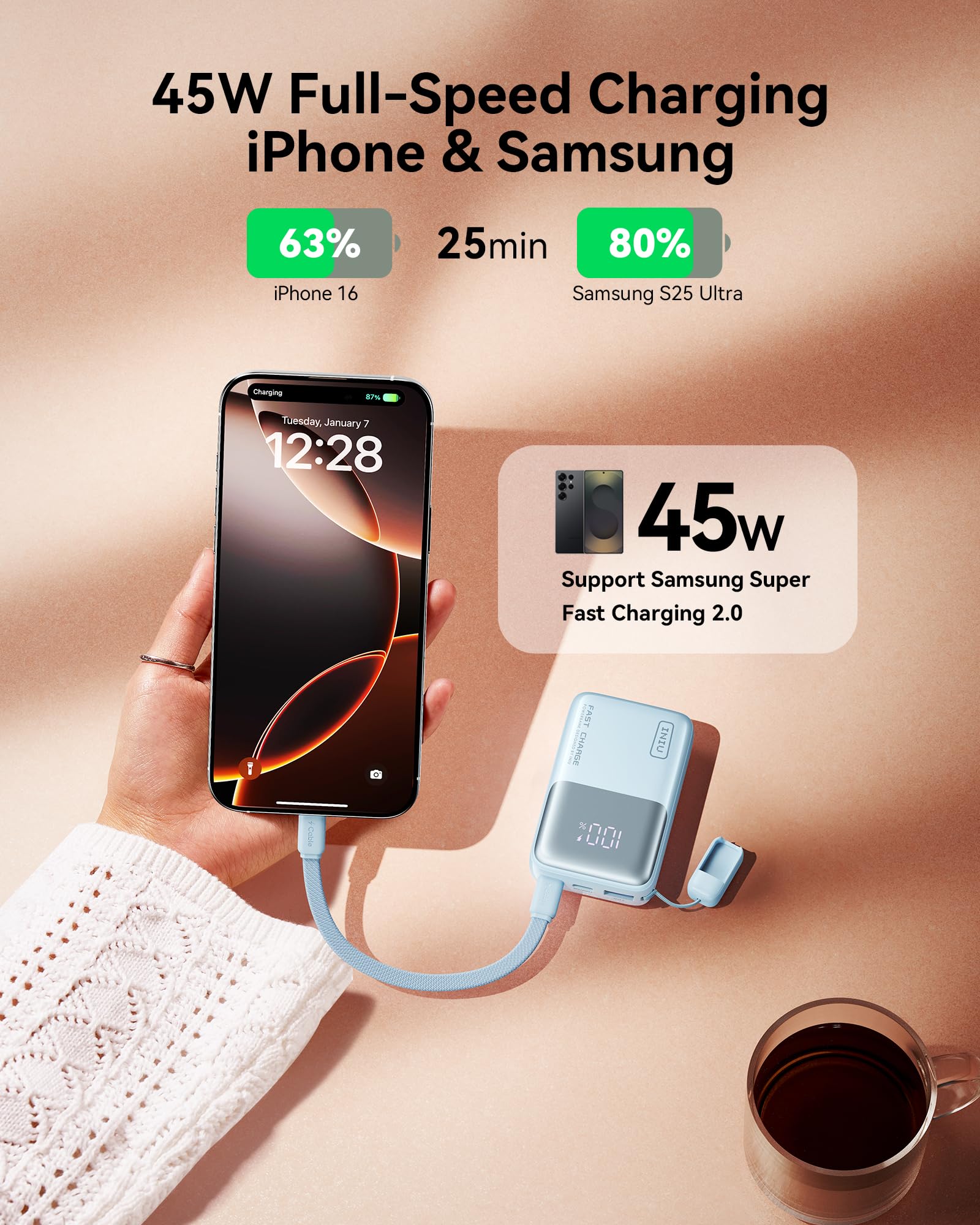 INIU Power Bank, 45W 10000mAh Mini Caricabatterie Portatile per Computer, Cavo USB-C In&Out, Piccolo Batteria Esterna a Ricarica Rapida PD QC per iPhone 16/15/14/13, Samsung, Google, Macbook, iPad etc