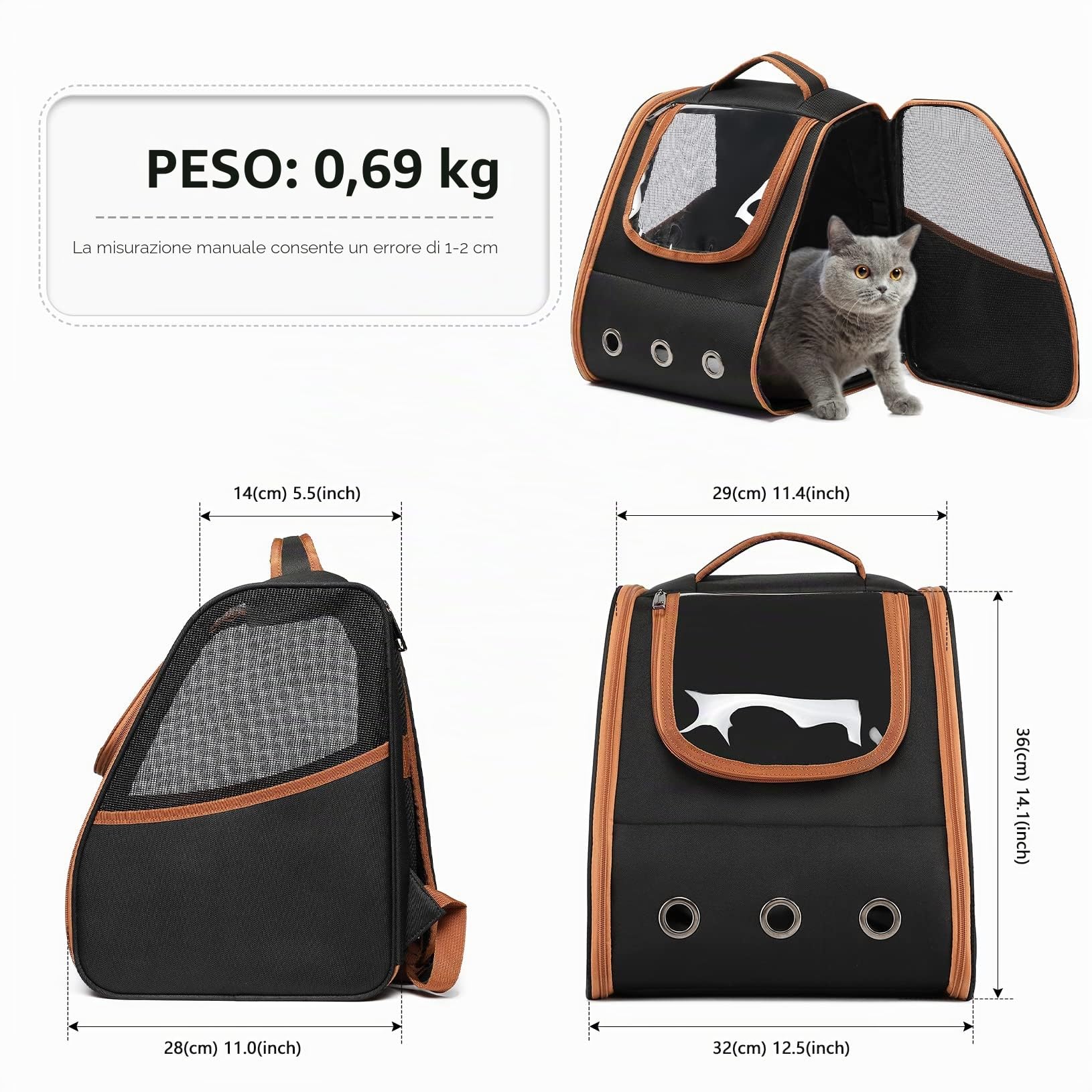 KONO Zaino Trasportino per Gatti e Cani Fino a 5.9 kg, Design Areato e Pieghevole, Conforme alle dimensioni per il trasporto in cabina, per Viaggi, Escursionismo e Uso Quotidiano