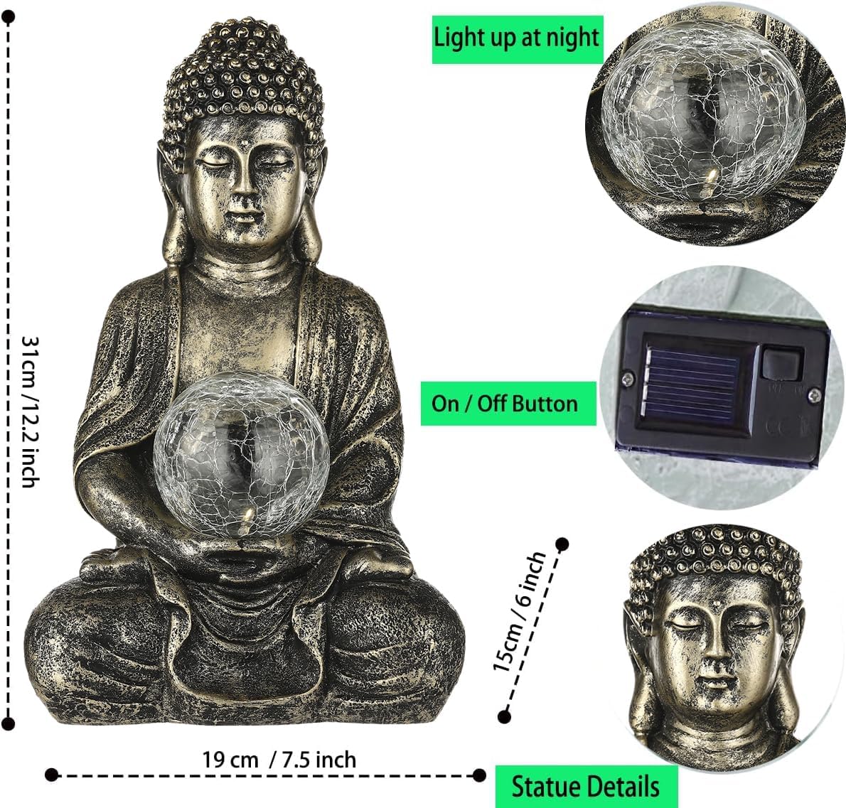 Retro Bronze Buddha Garden Statue with Solar Light, Solar Meditating Garden Buddha with Cracked Glass Ball Sculpture-Indoor/Outdoor Decor for Balcony,Patio,Porch Yard Art Ornament,Gift (Bronze)