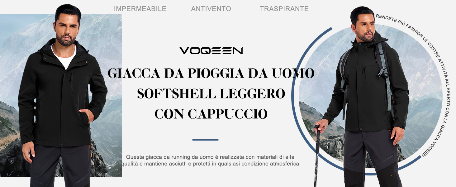 Voqeen Giacca Softshell Uomo Impermeabile E Antivento | Leggera Con Cappuccio, Tasca Nascosta, Per Corsa E Trekking
