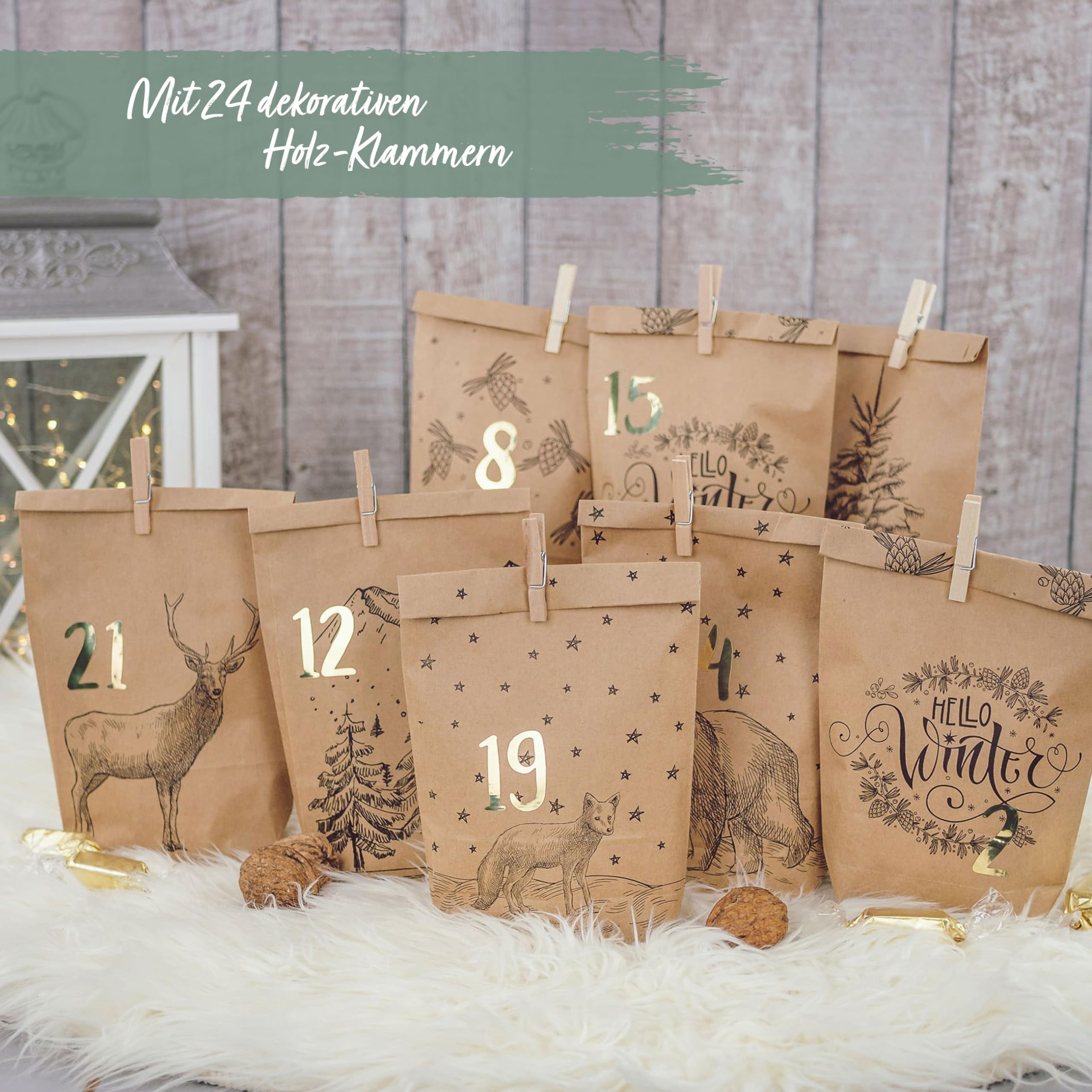 Papierdrachen DIY Advent Calendar for Filling 24 Printed Gift Bags and 24 Number Stickers and Clips - Image 2